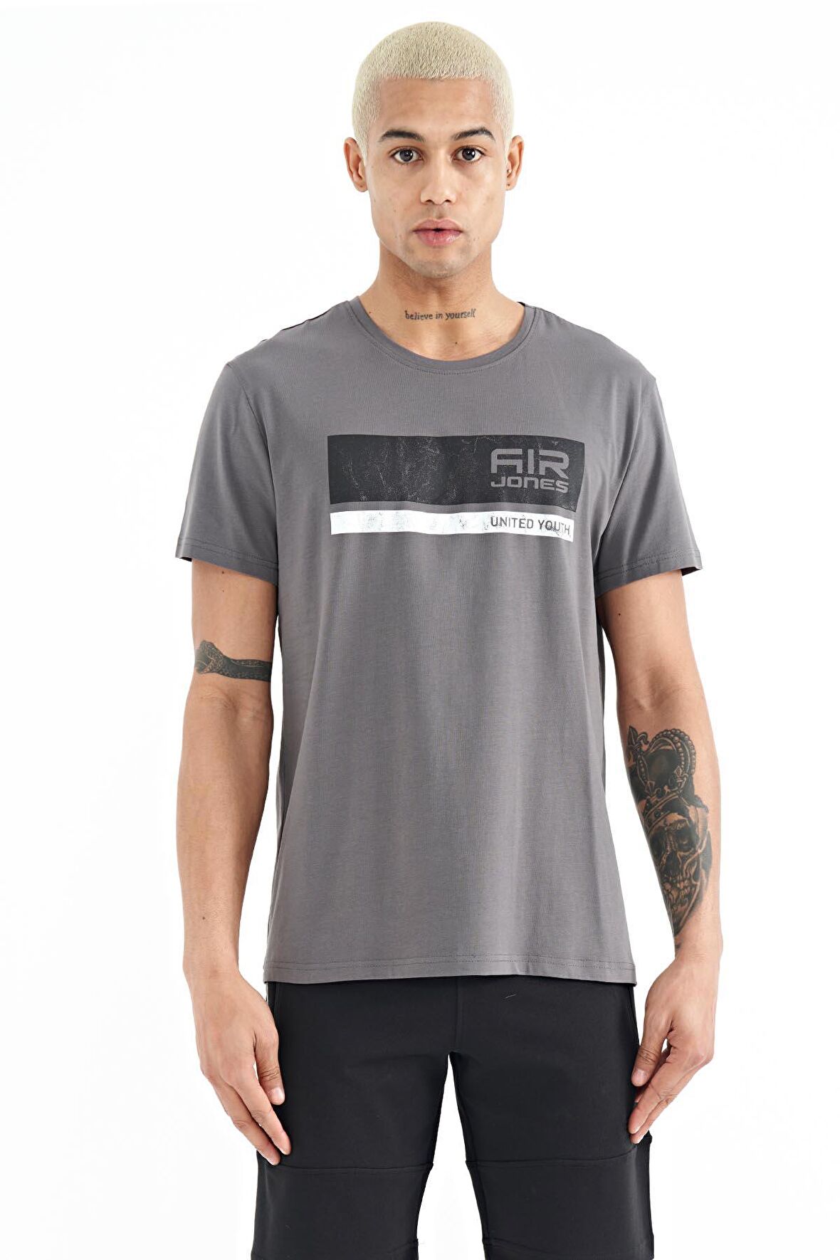 Koyu Gri Baskılı Standart Kalıp O Yaka Erkek T-shirt - 88221 | XXL