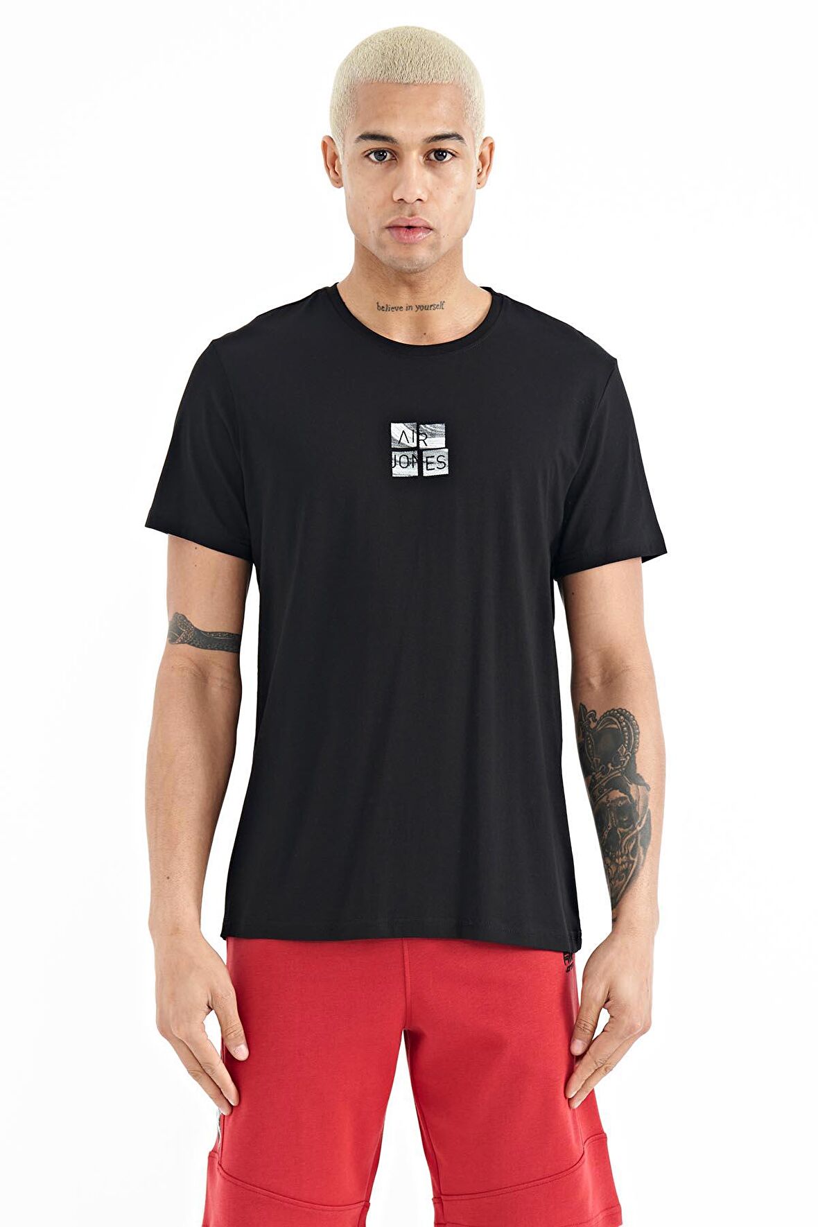 Siyah Baskılı O Yaka Standart Kalıp Erkek T-Shirt - 88222 | XXL