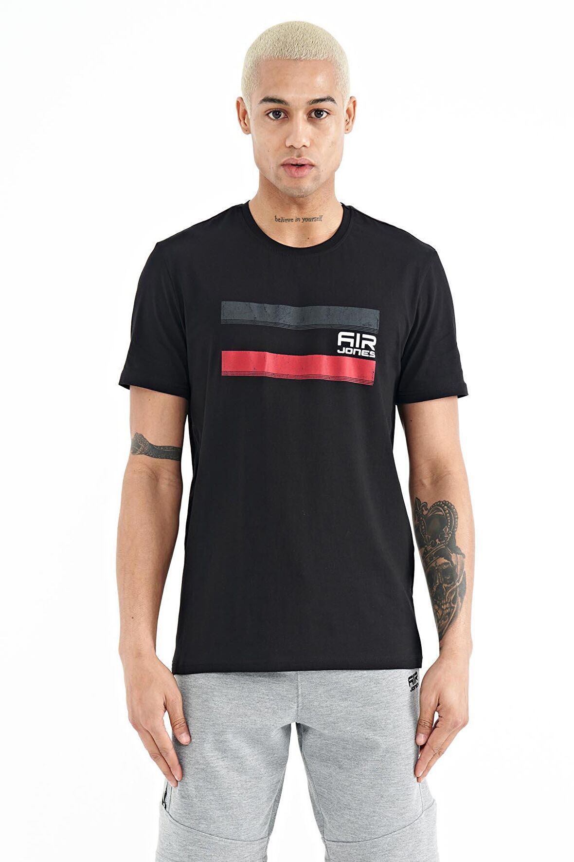 Siyah Baskılı Standart Kalıp O Yaka Erkek T-Shirt - 88217 | XL