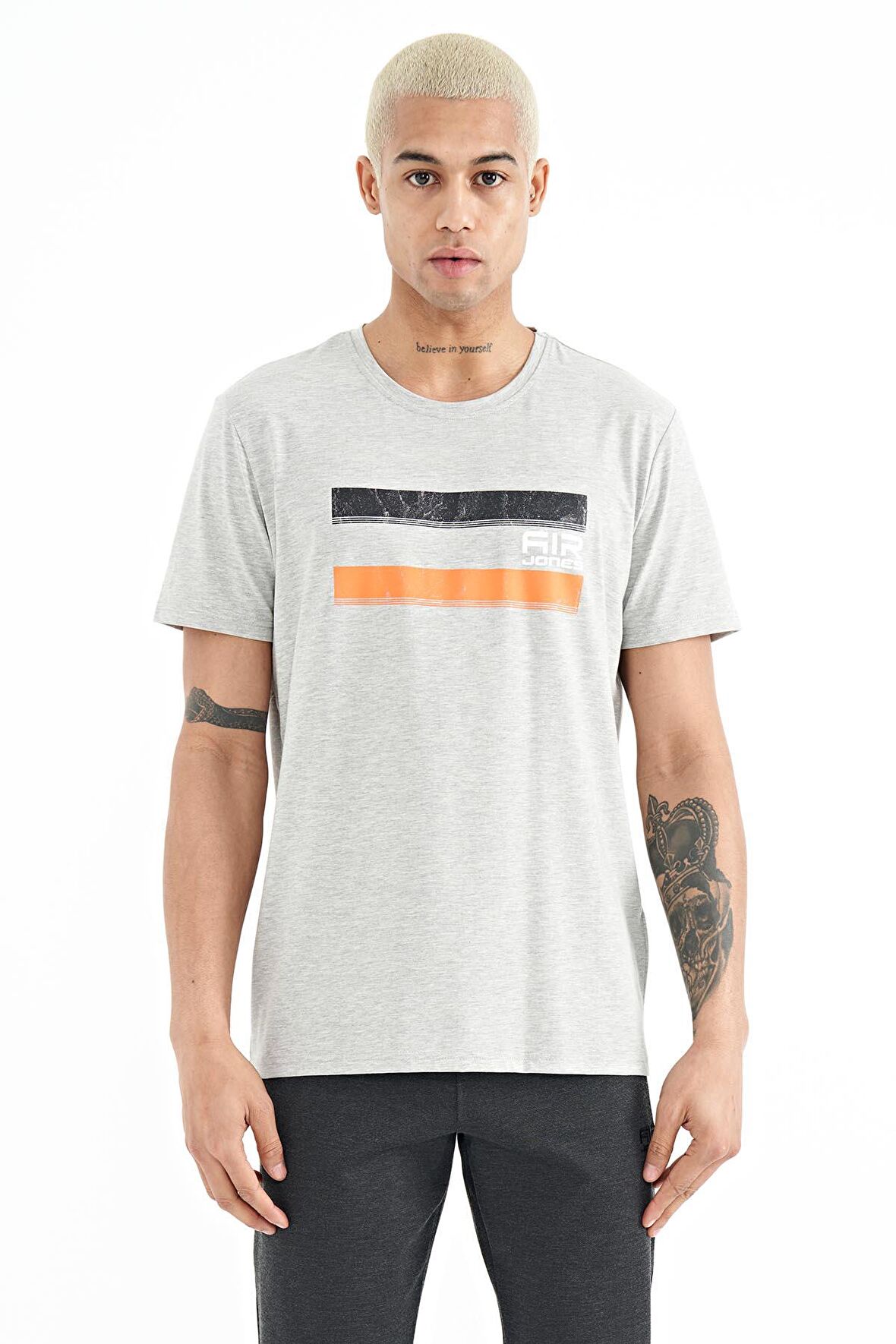 Gri Melanj Baskılı Standart Kalıp O Yaka Erkek T-Shirt - 88217 | XXL
