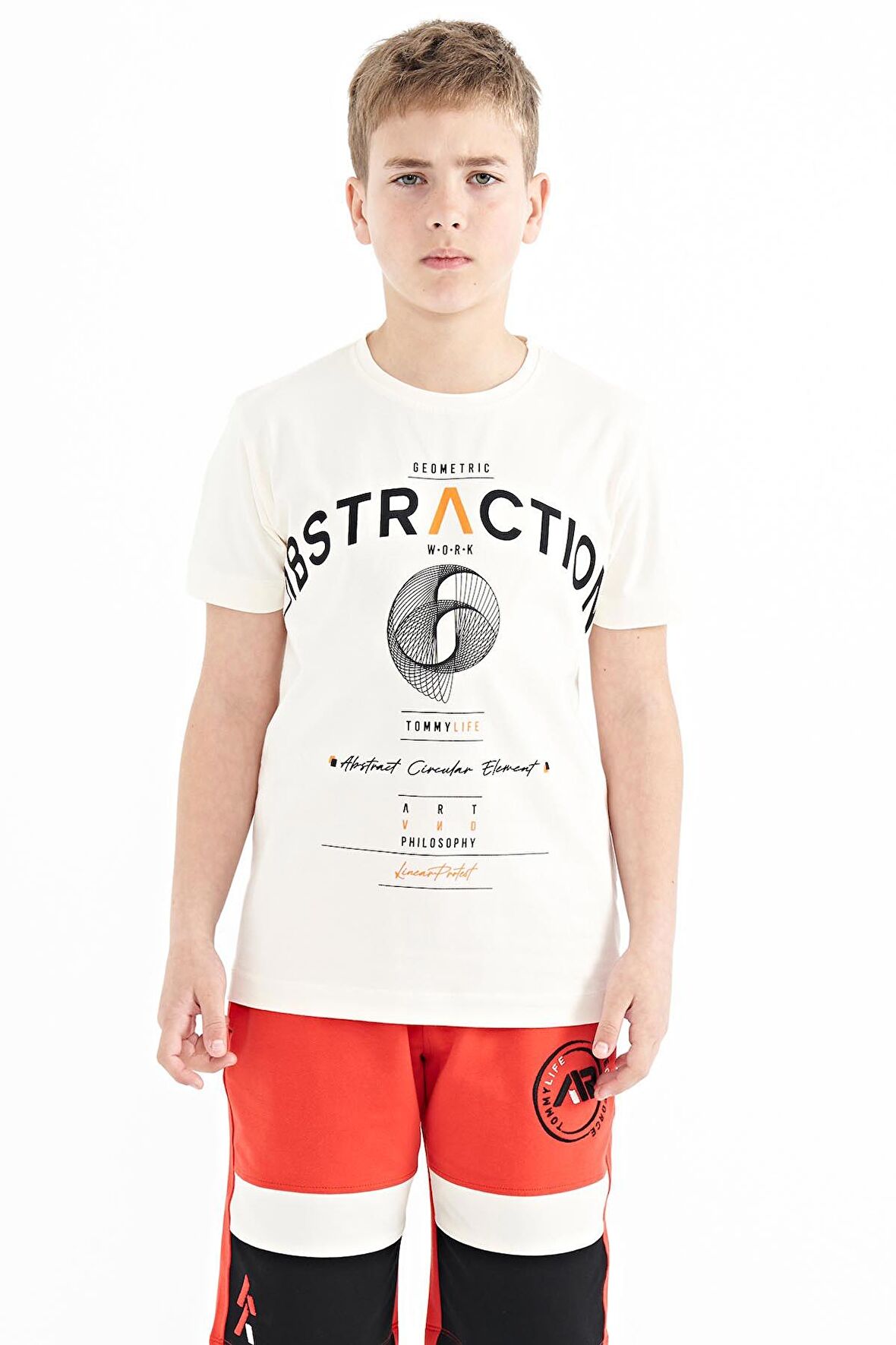 Ekru Yazı Baskı Detaylı O Yaka Standart Kalıp Erkek Çocuk T-Shirt - 11103 | 14-15