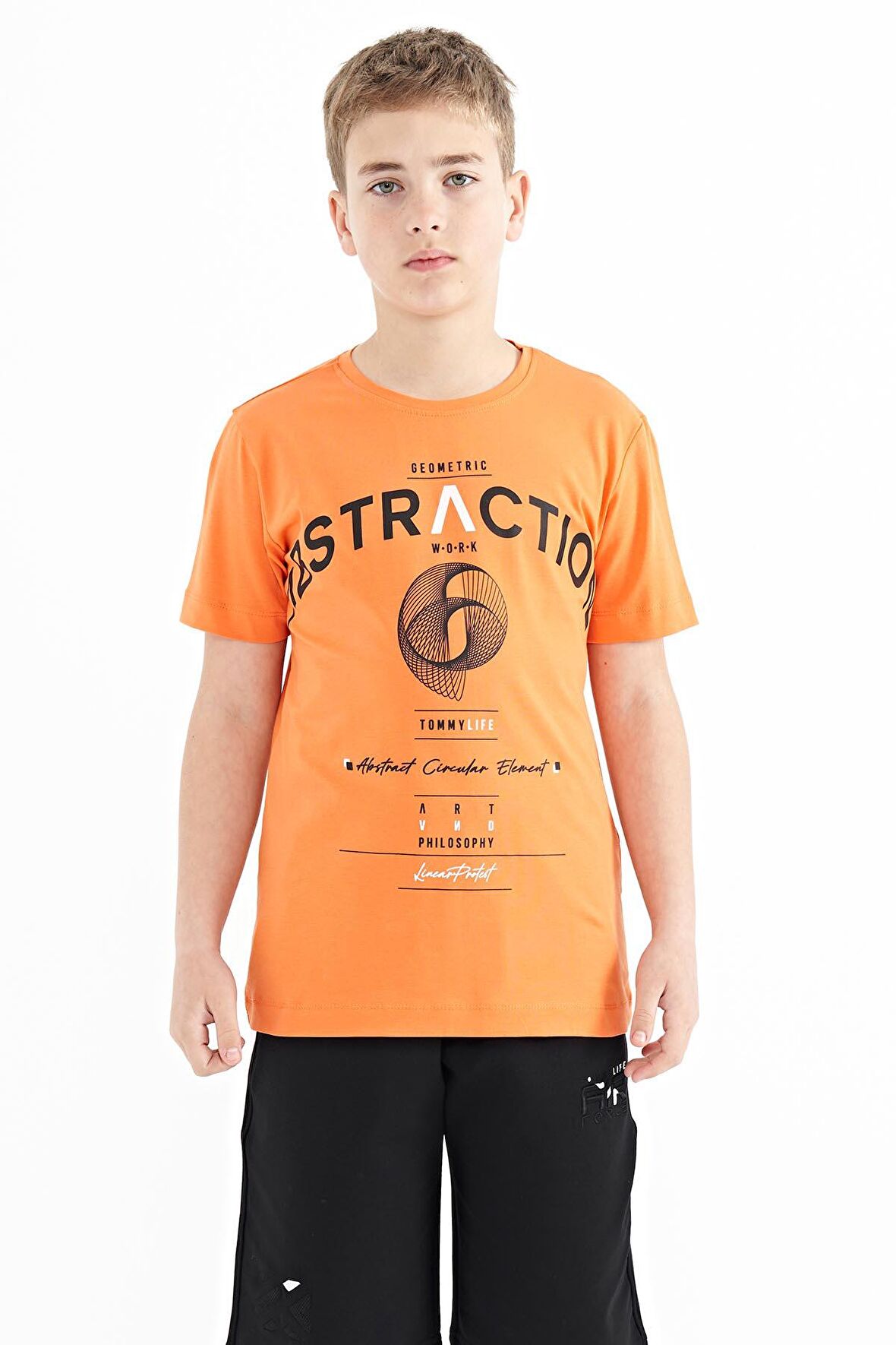 Oranj Yazı Baskı Detaylı O Yaka Standart Kalıp Erkek Çocuk T-Shirt - 11103 | 14-15