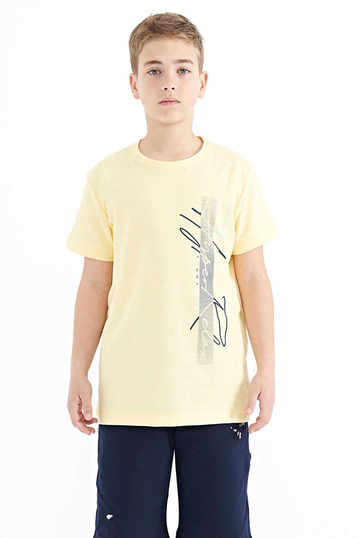Sarı Yazı Baskılı O Yaka Standart Kalıp Erkek Çocuk T-Shirt - 11119 | 14-15