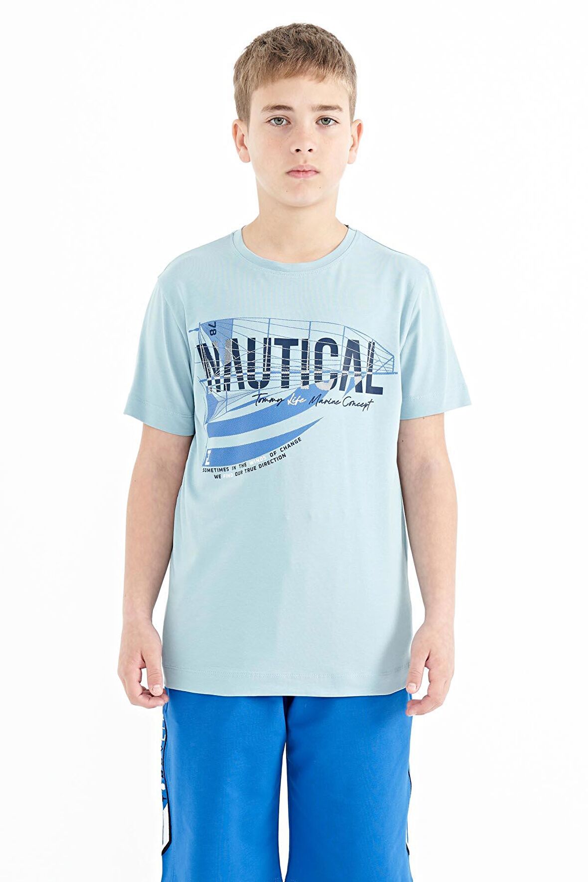 Açık Mavi Yazı Baskılı O Yaka Standart Kalıp Erkek  Çocuk T-Shirt - 11100 | 11-12