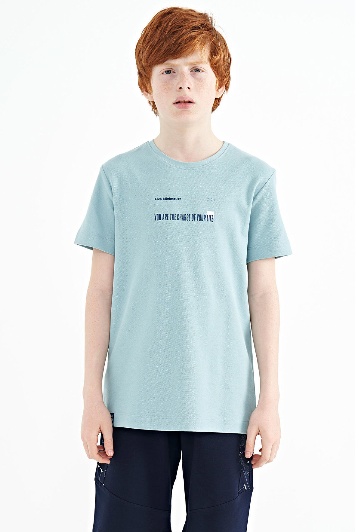 Açık Mavi Baskı Detaylı O Yaka Standart Kalıp Erkek  Çocuk T-Shirt - 11117 | 8-9