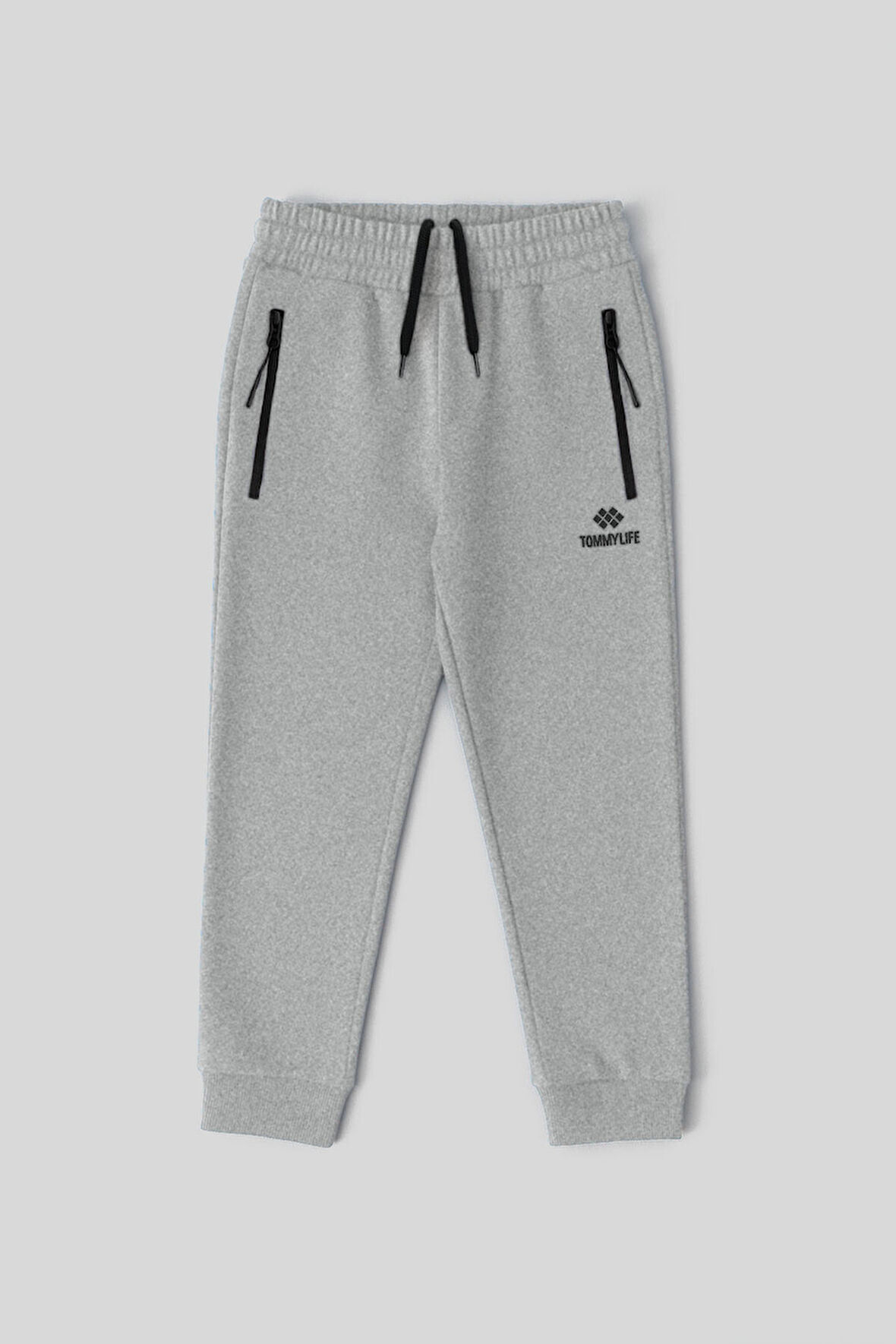 Gri Melanj Erkek Çocuk Jogger Fermuarlı Cep Standart Kalıp Manşetli Eşofman Alt - 64042