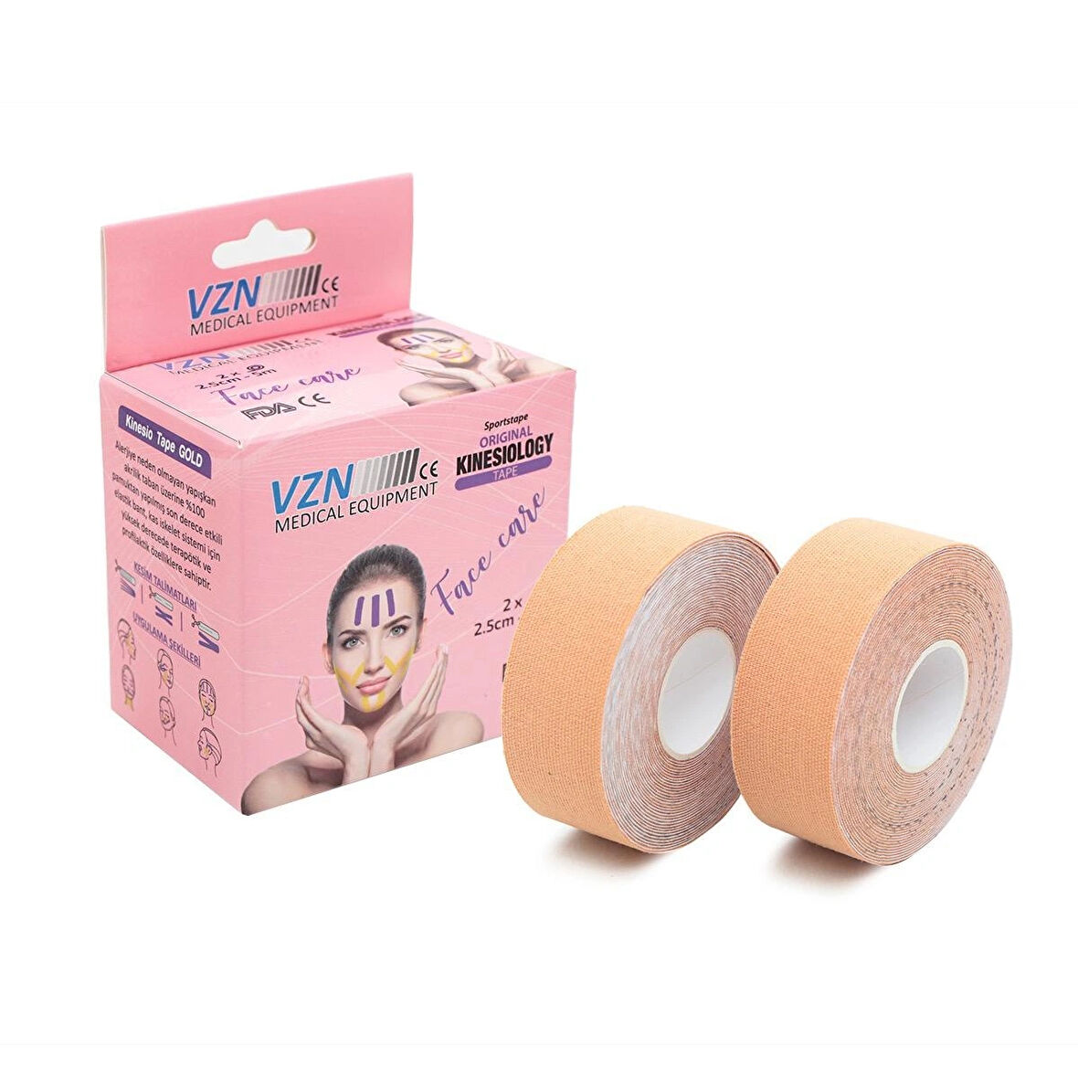VZN Facetape Yüz Germe ve Kırışıklık Rehabilitasyon Bandı | Hipoalerjenik | %100 Pamuk | 2 Adet | 2,5 cm x 5 m