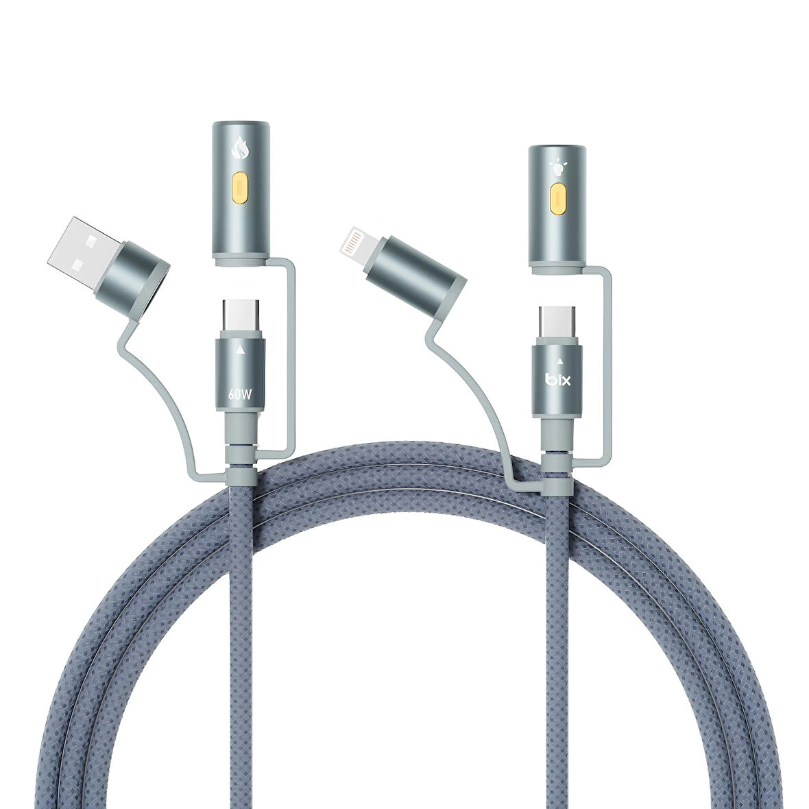 Bix 60W Çok Fonksiyonlu Şarj ve Data Kablosu LED Fenerli Alevsiz Çakmak Özellikli Premium Örgü 1.2 Metre iOS ve Android Uyumlu