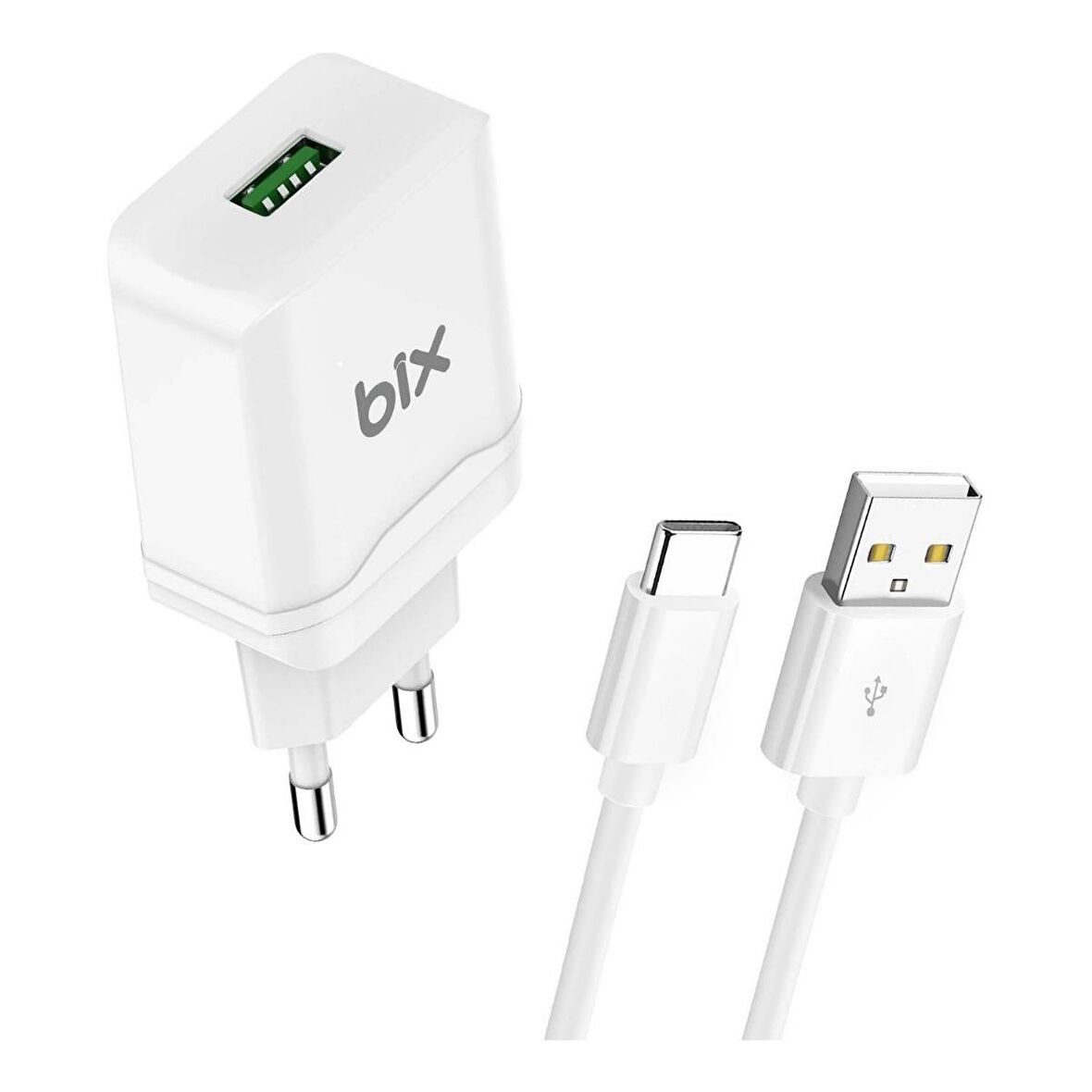 Bix 18W QC 3.0 Hızlı Şarj Cihazı ve Type-C USB Kablo Beyaz