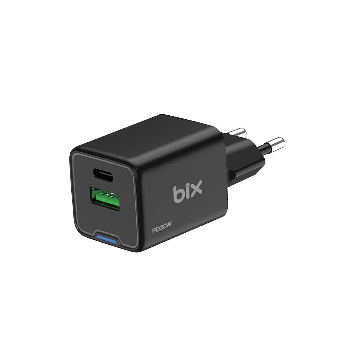 Bix 30W GaN USB-C + USB-A Hızlı Şarj Adaptörü iPhone, Android ve iPad Uyumlu Type-C PD PPS Şarj Aleti Siyah