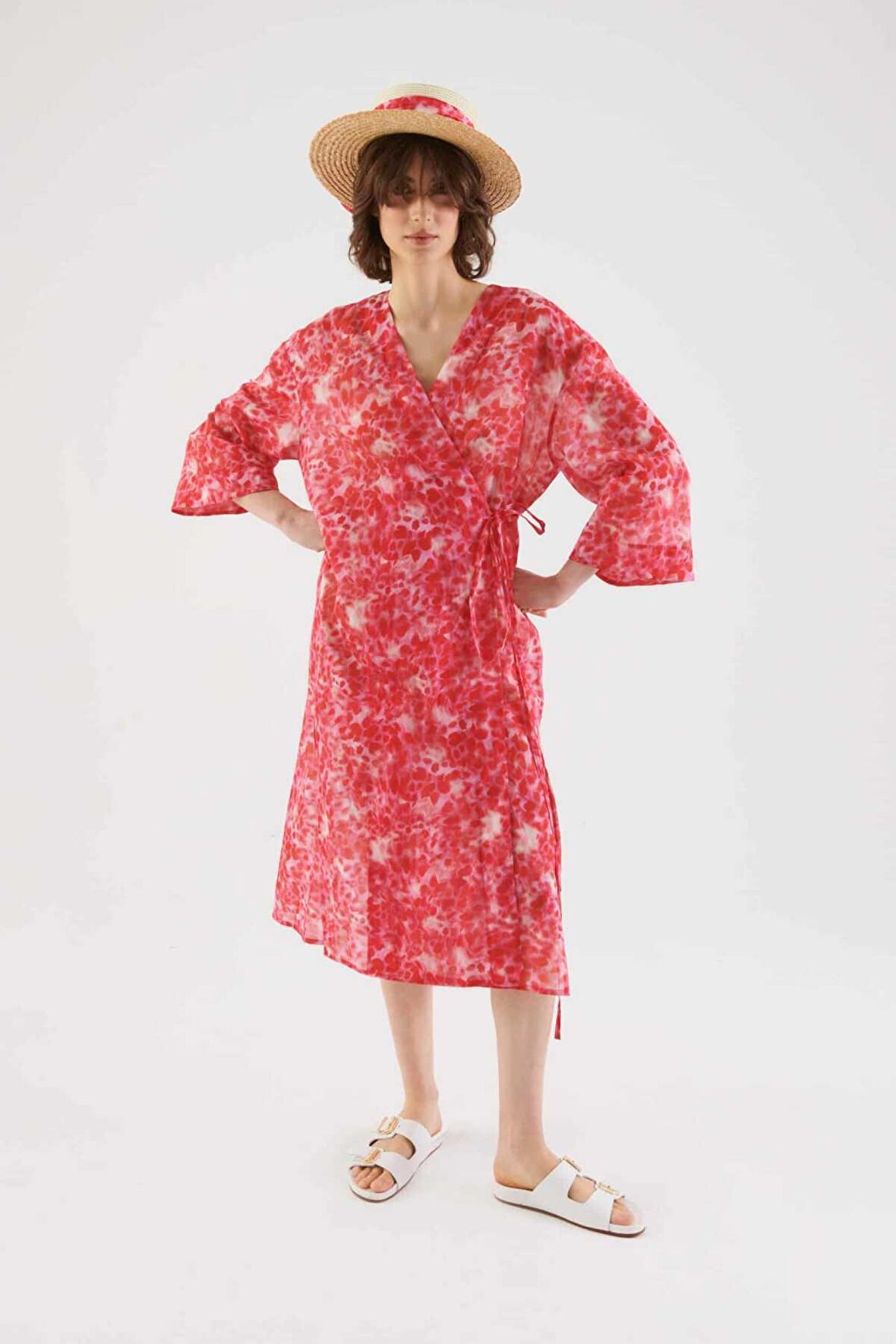 Belden Bağlamalı Desenli Kimono Standart Renk