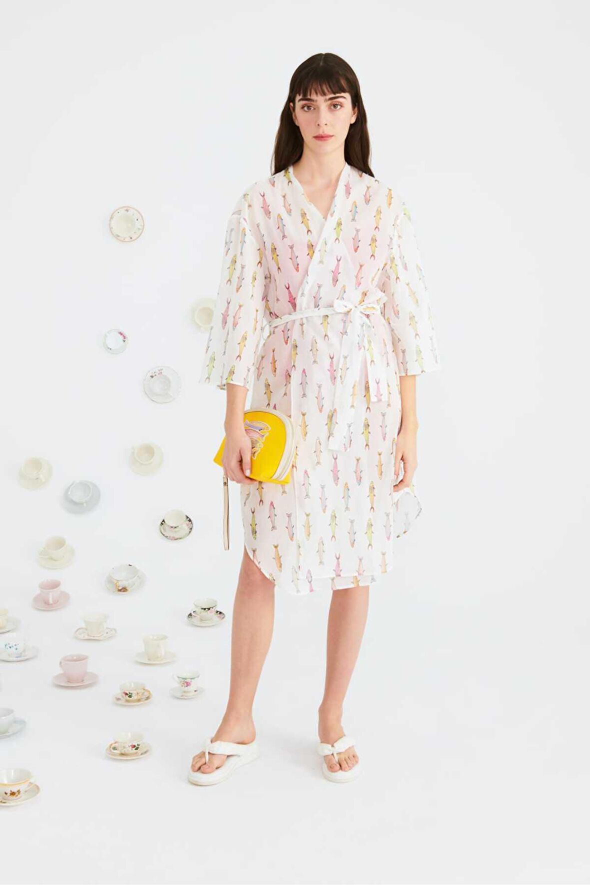 Beli Kuşaklı Desenli Kimono Standart Renk