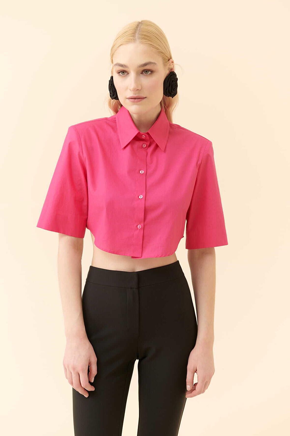 Crop Poplin Kadın Gömlek   Fuşya