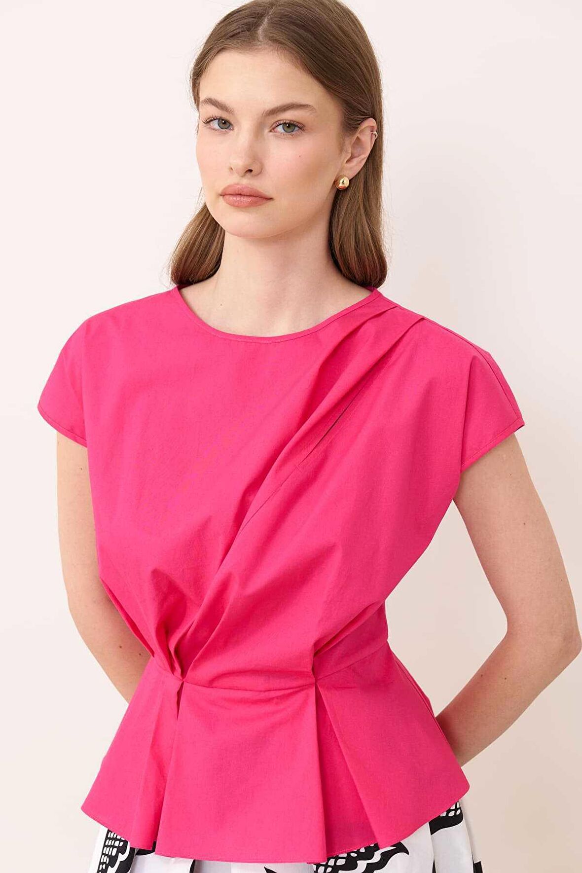 Drape Detaylı Peplum Poplin Bluz Fuşya