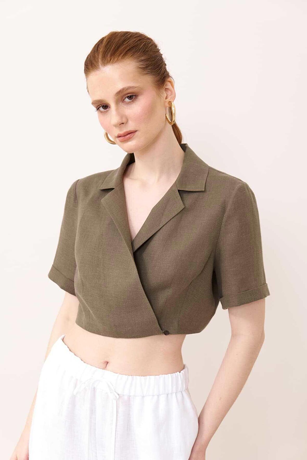 Erkek Yaka Kruvaze Keten Crop Haki