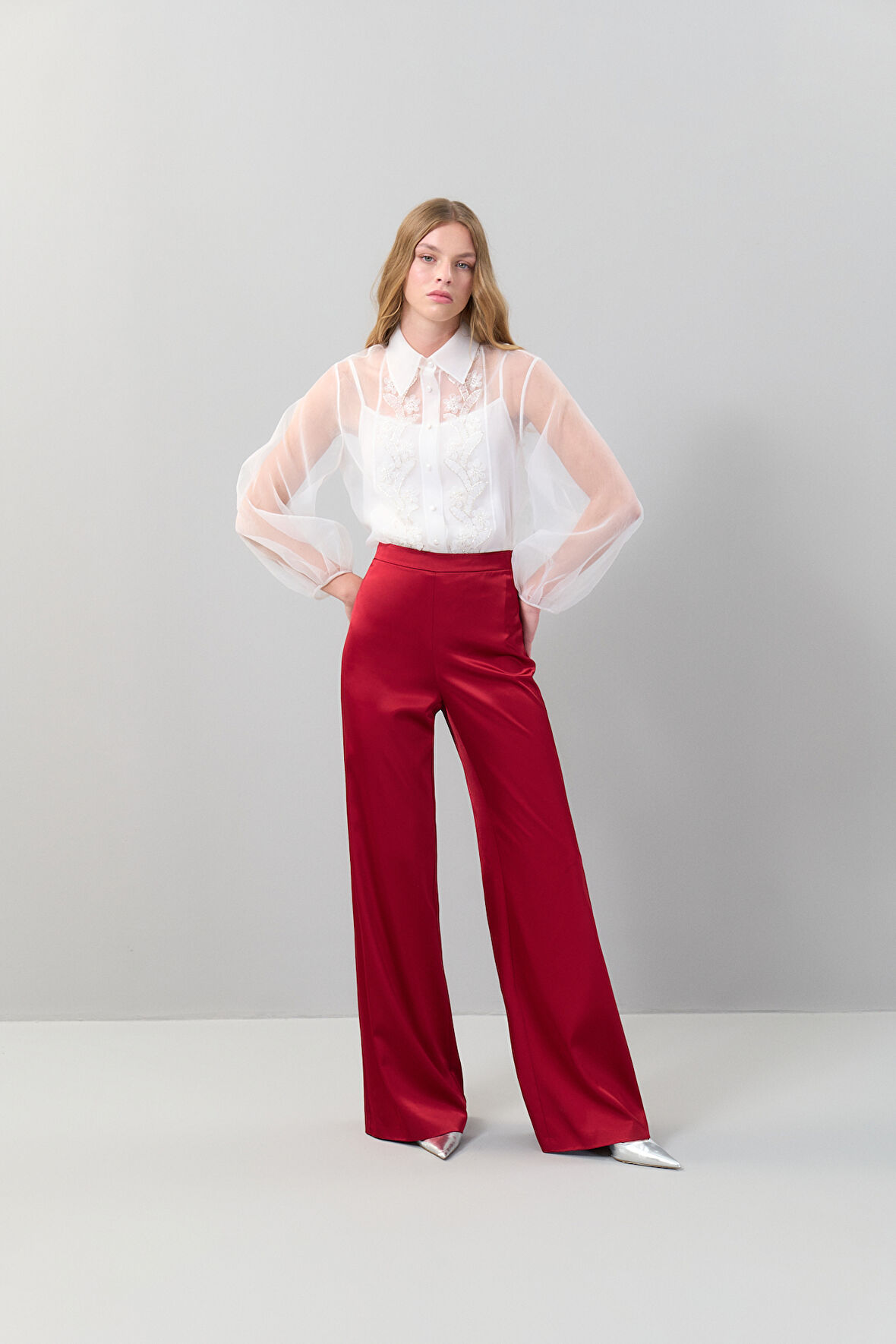 Düz Paça Saten Pantolon Bordo