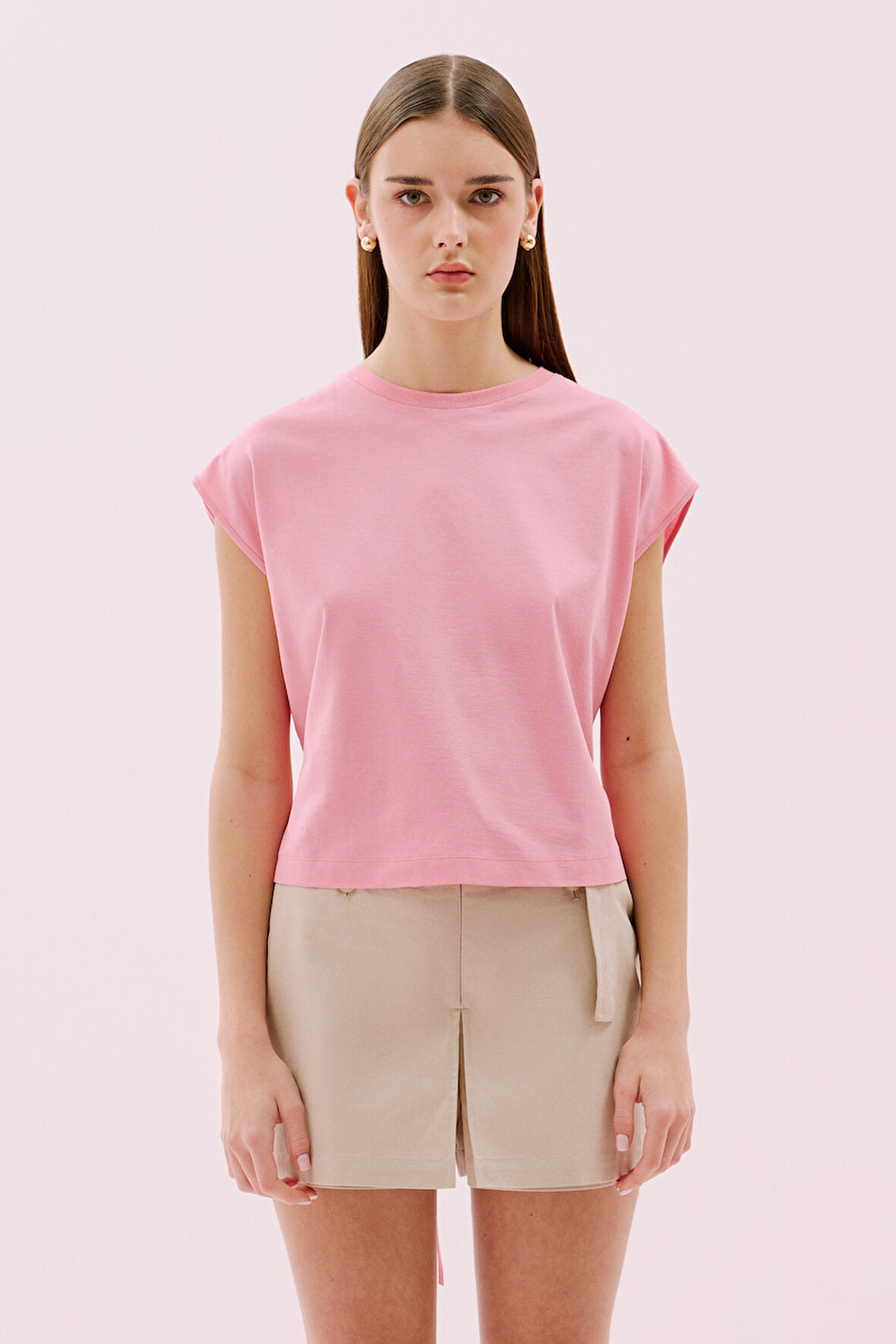 Yanları Yırtmaç Detaylı Kolsuz T-shirt Pembe