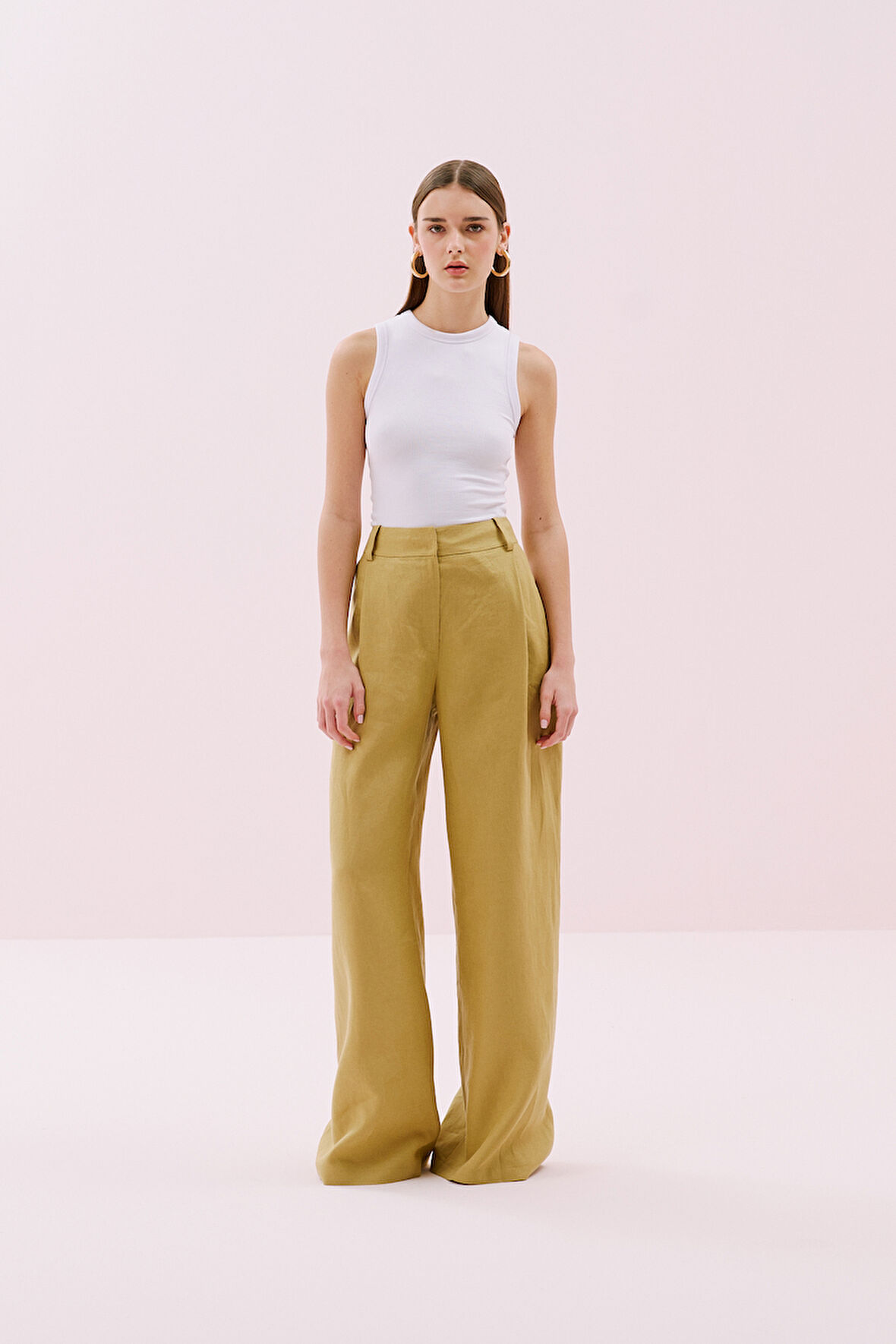Tek Pilili Palazzo Keten Pantolon Olive