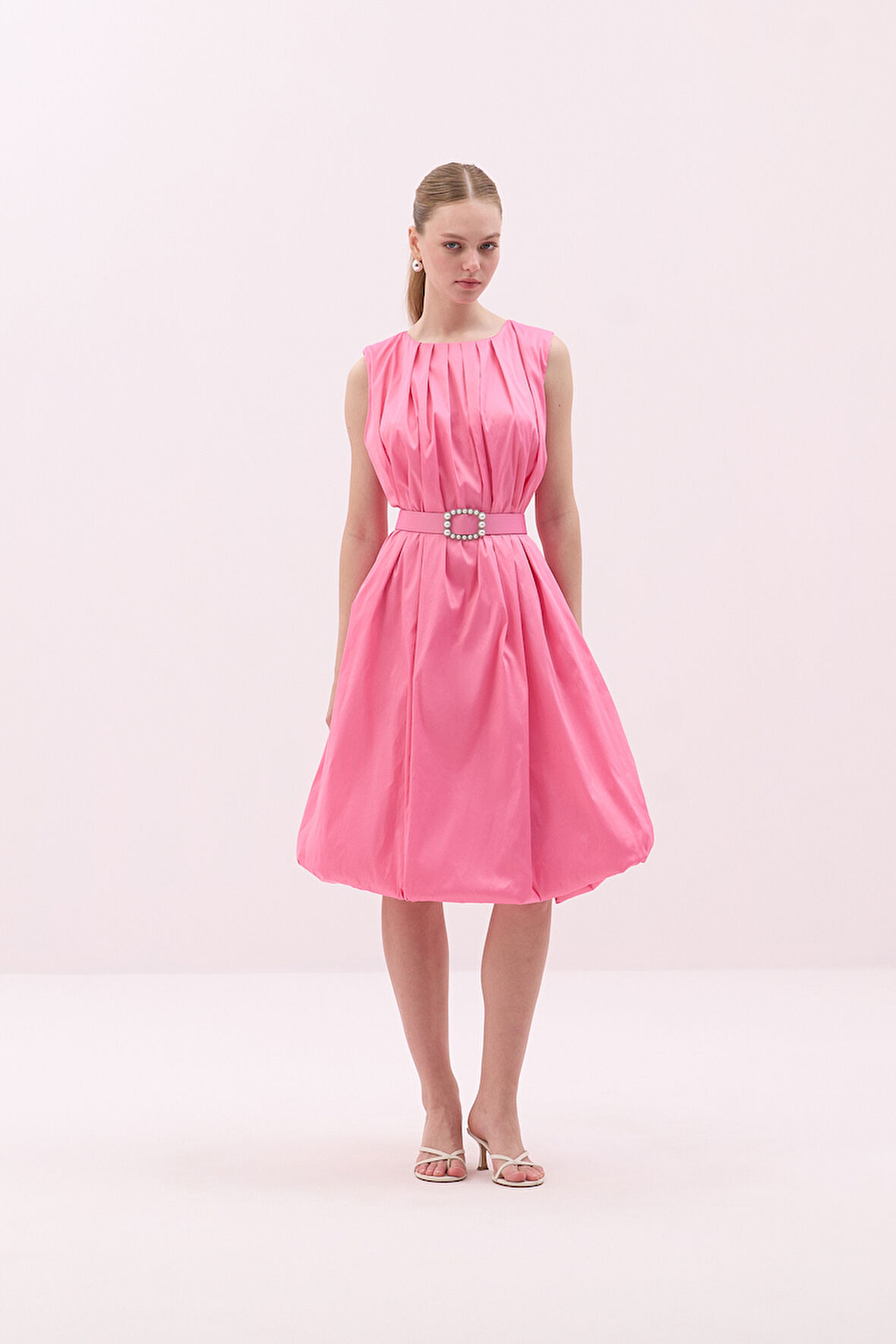 Tafta Beli Kemerli Midi Boy Balon Elbise Pembe