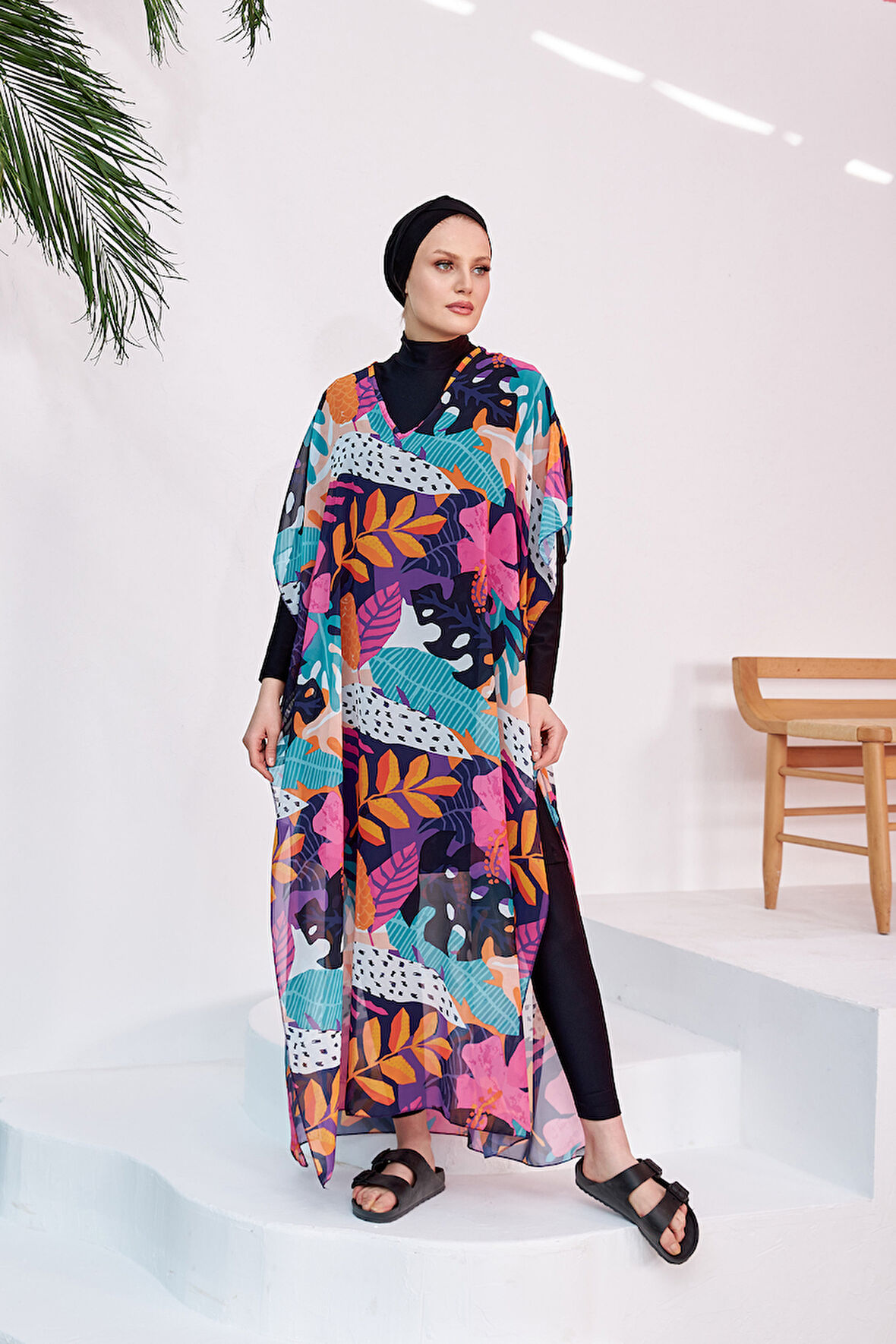 Remsa Mayo Tesettür Mayo Üzerine Desenli Tek Kaftan Pareo 430-132 Fuşya | undefined