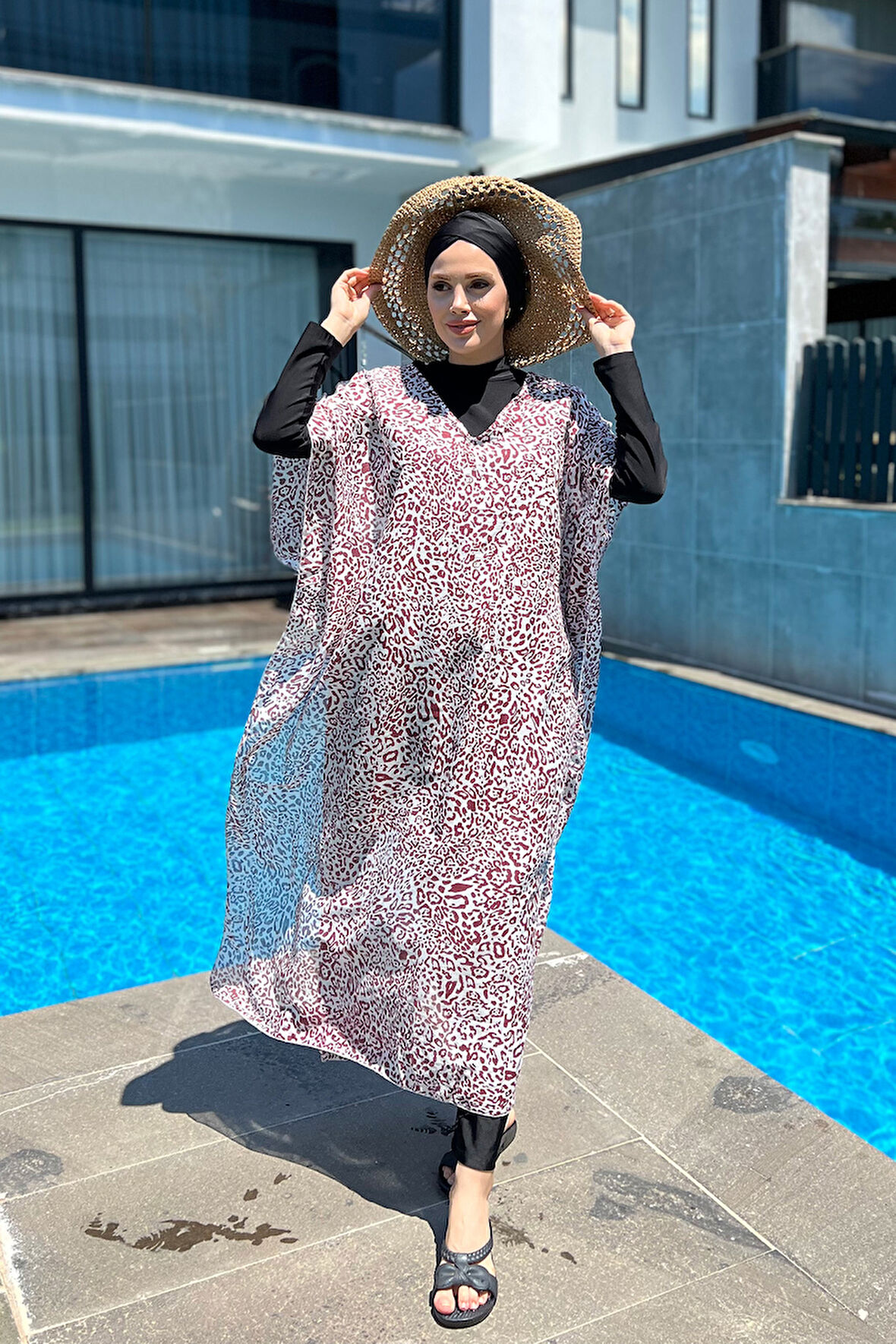 Remsa Mayo Üzerine Kaftan Pareo 430-217 Leopar Bordo | Standart