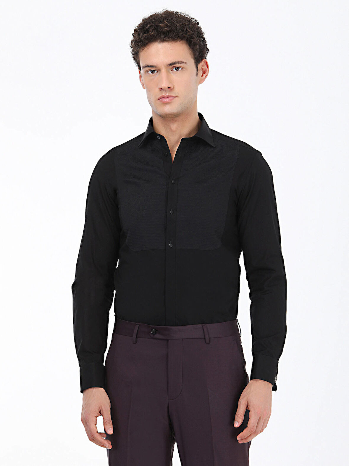 Siyah Düz Slim Fit Duble Manşet Klasik Yaka Smokin Gömlek