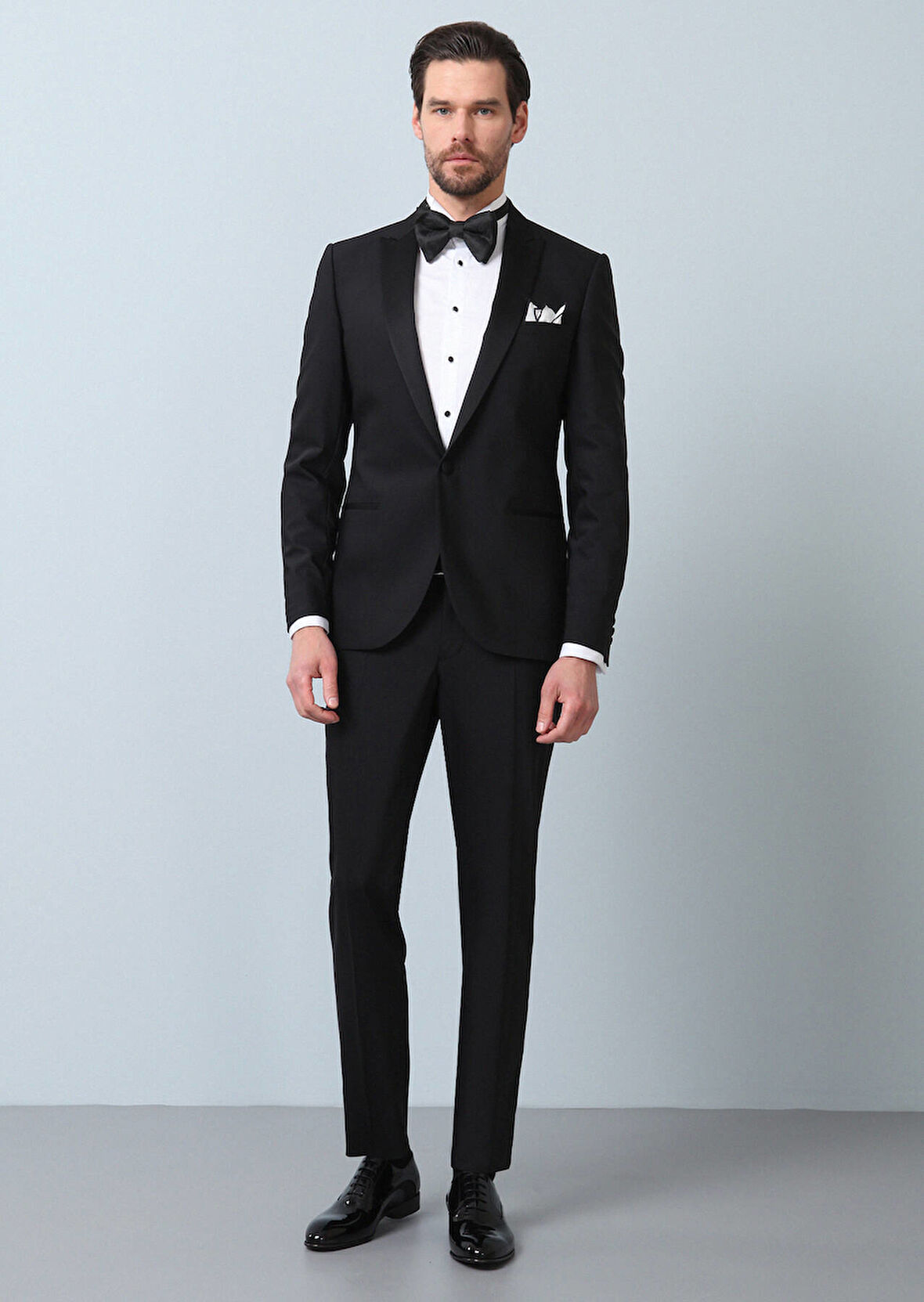 Siyah Düz Slim Fit Kruvaze Yaka Dokuma Smokin Takım Elbise