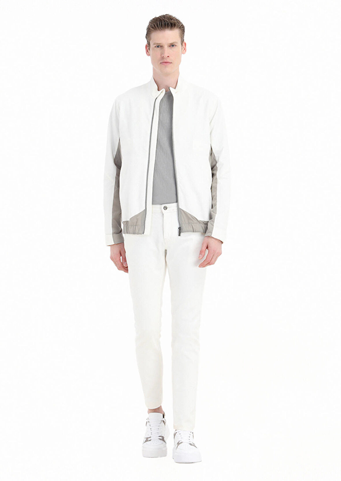 Beyaz Regular Fit Dik Yaka Casual Dokuma Mont