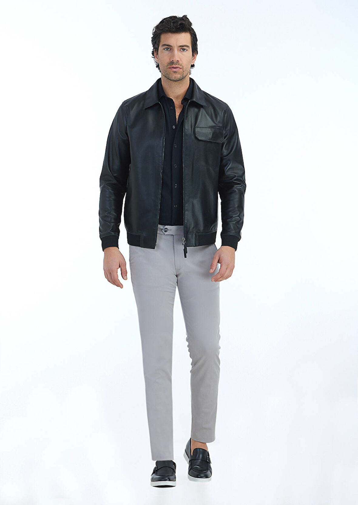 Siyah Regular Fit Gömlek Yaka Casual Deri Deri Mont