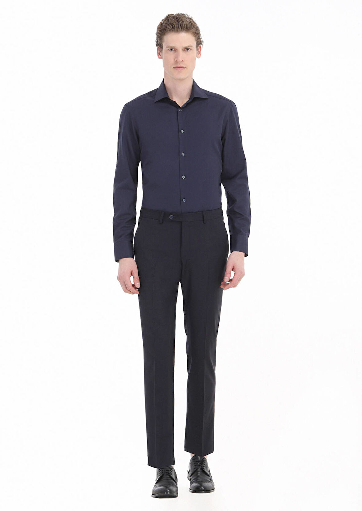 Lacivert Düz Regular Fit Dokuma Klasik Pamuk Karışımlı Gömlek