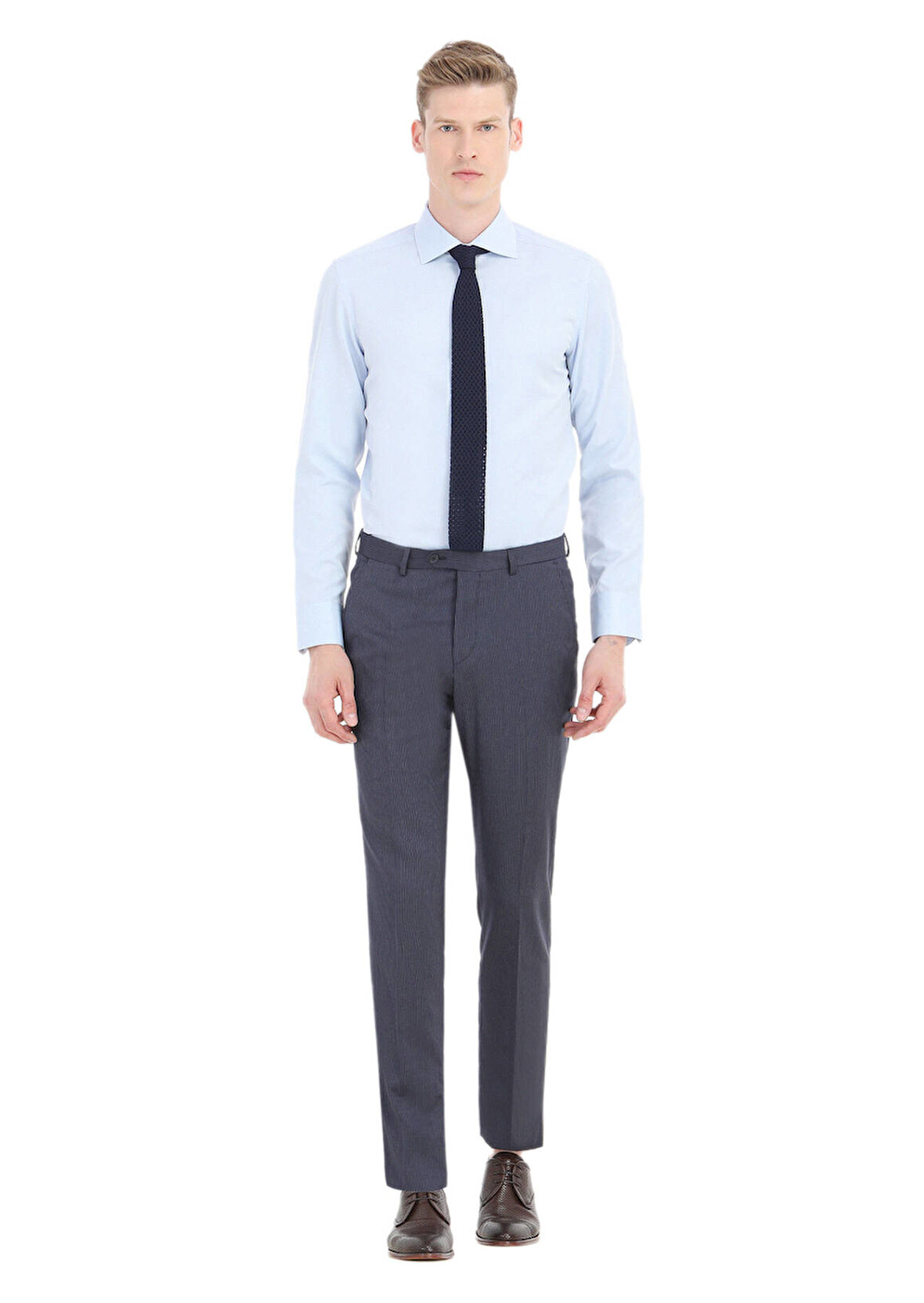 Açık Mavi Düz Slim Fit Dokuma Klasik Pamuk Karışımlı Gömlek