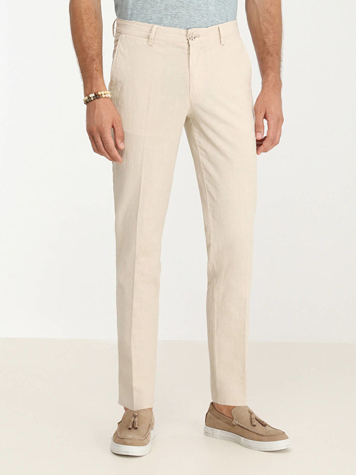 Bej Dokuma Slim Fit Casual Pamuk Karışımlı Pantolon