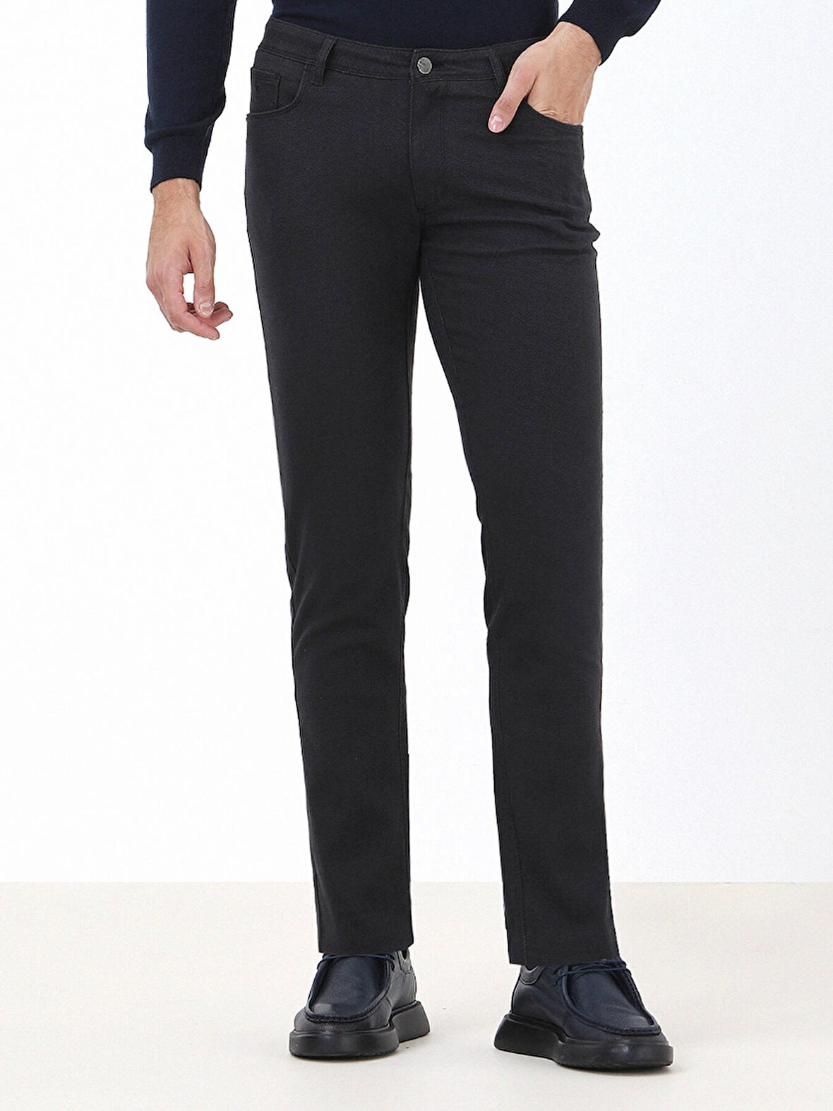 Lacivert Dokuma Slim Fit Casual Pamuk Karışımlı Pantolon