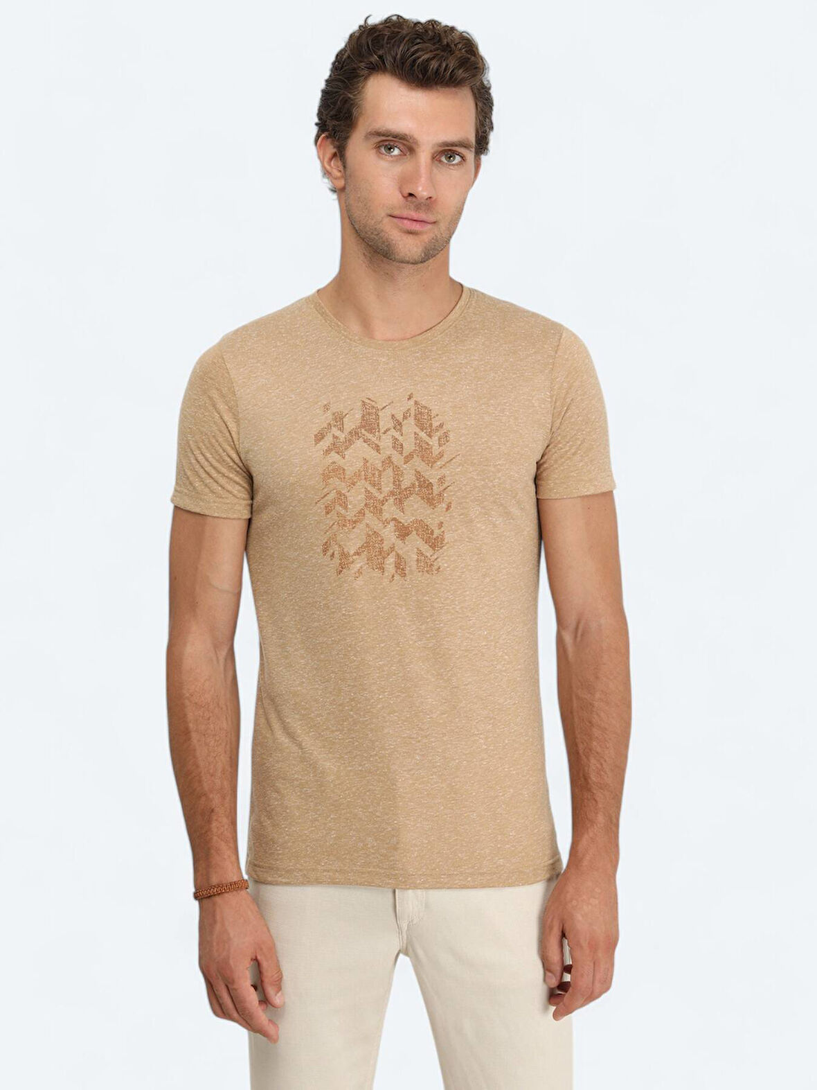 Deve Tüyü Baskılı Bisiklet Yaka Keten Karışımlı T-Shirt