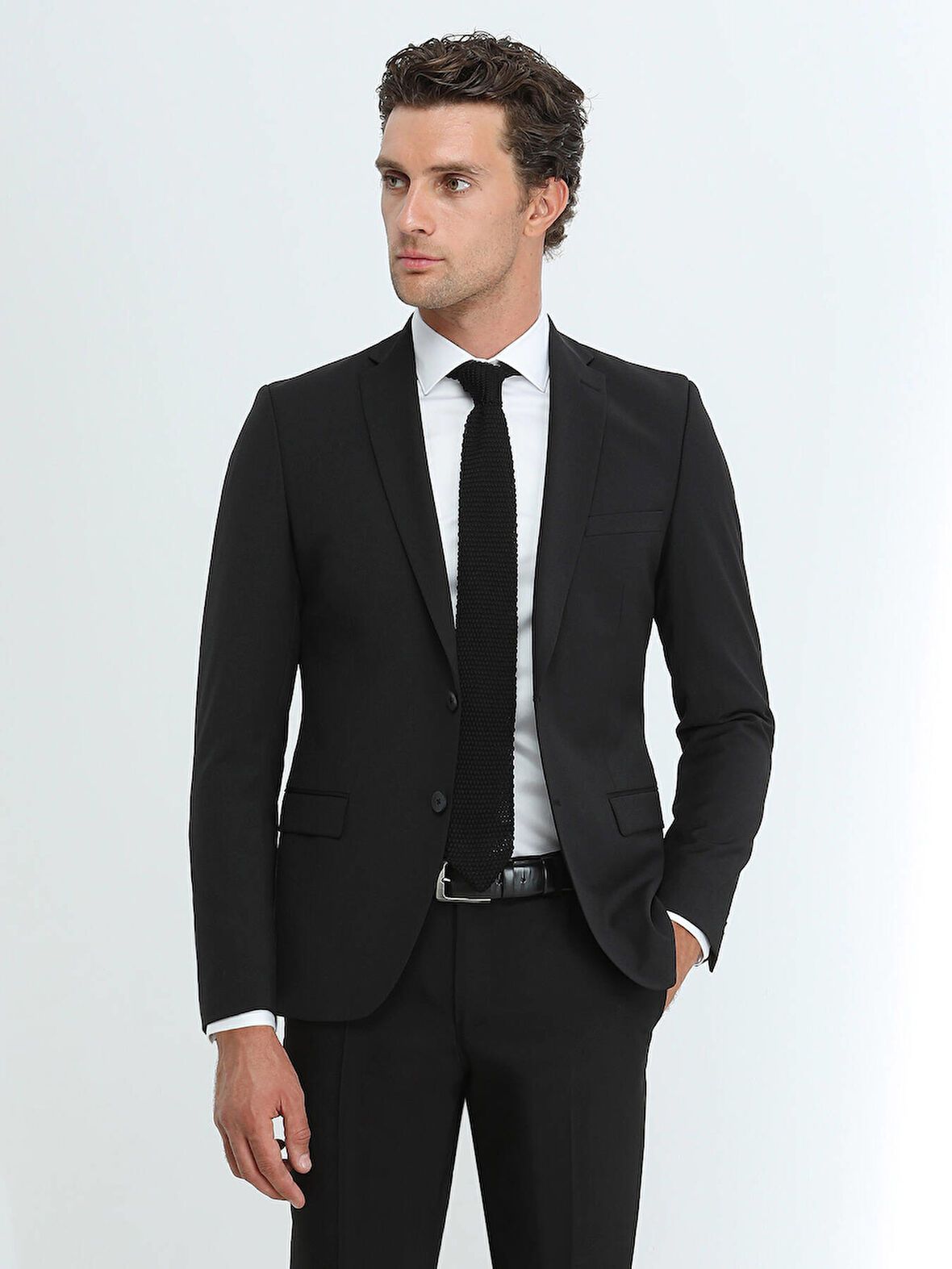 Siyah Düz Slim Fit Yün Karışımlı Takım Elbise