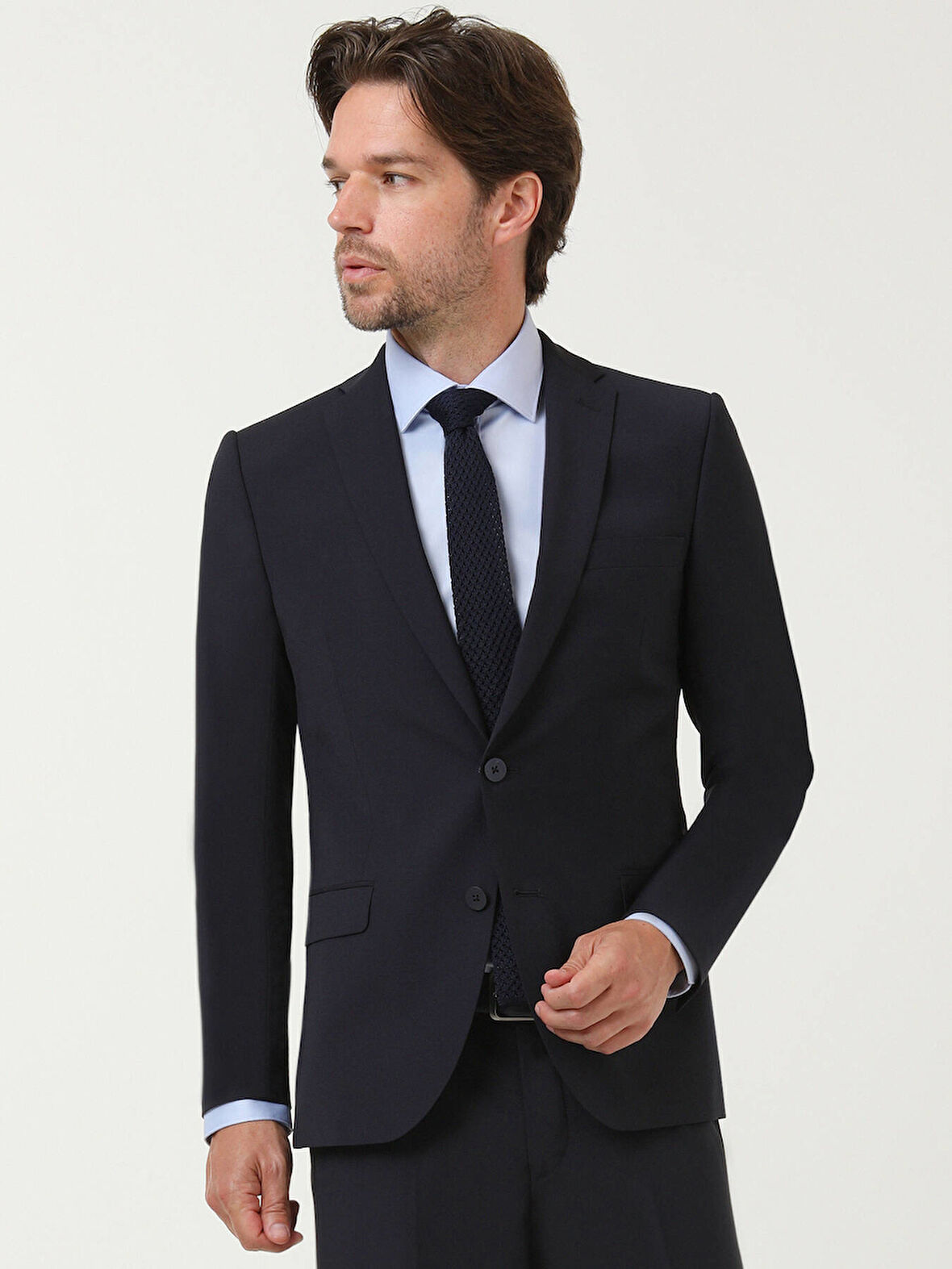 Lacivert Düz Slim Fit Yün Karışımlı Takım Elbise