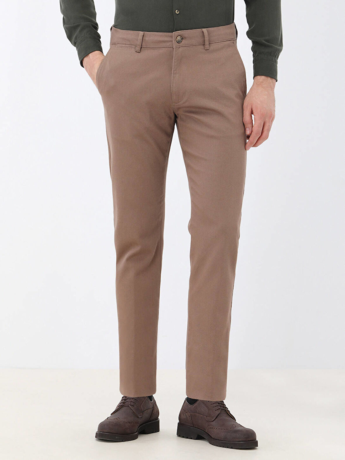 Açık Kahve Düz Dokuma Regular Fit Casual Pamuk Karışımlı Pantolon