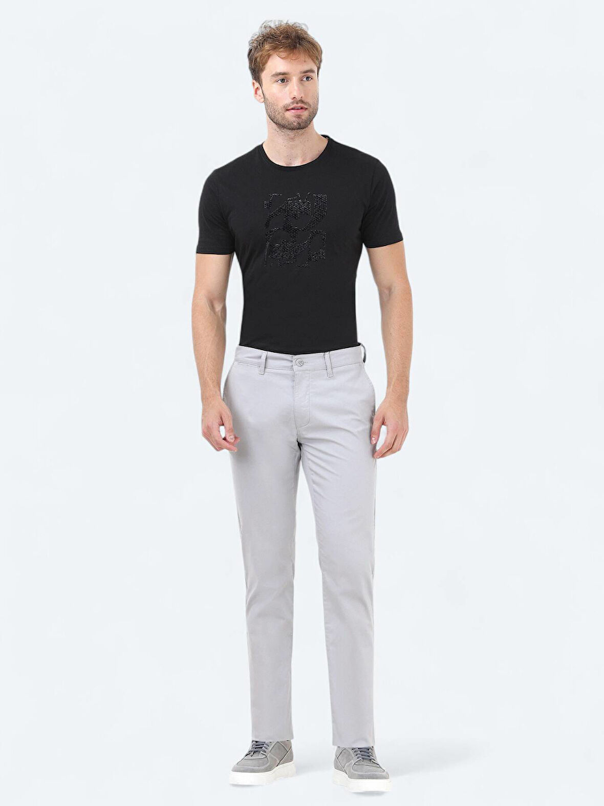 Açık Gri Düz Dokuma Slim Fit Casual Pamuk Karışımlı Pantolon