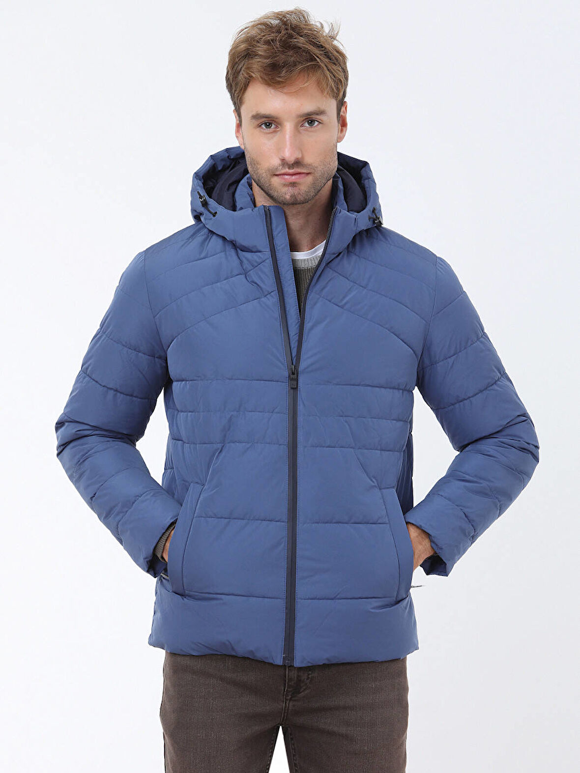 İndigo Regular Fit Kapüşonlu Casual Dokuma Mont