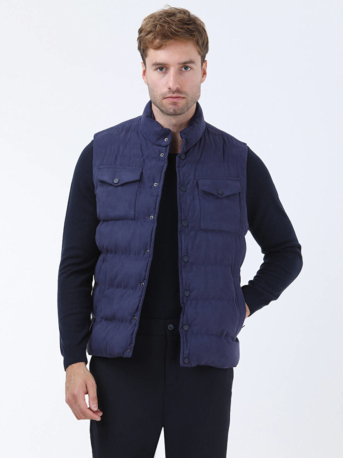 Açık Lacivert Regular Fit Dik Yaka Casual Dokuma Spor Yelek