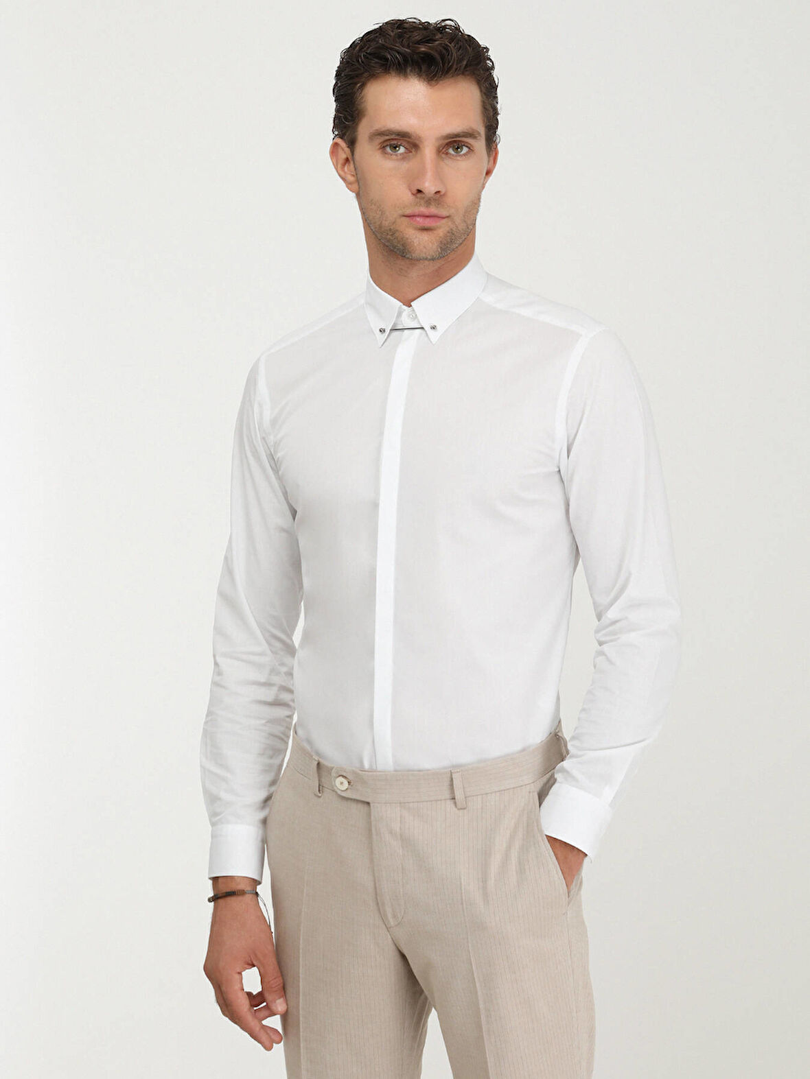 Beyaz Düz Slim Fit Düz Manşet Klasik Yaka Smokin Gömlek