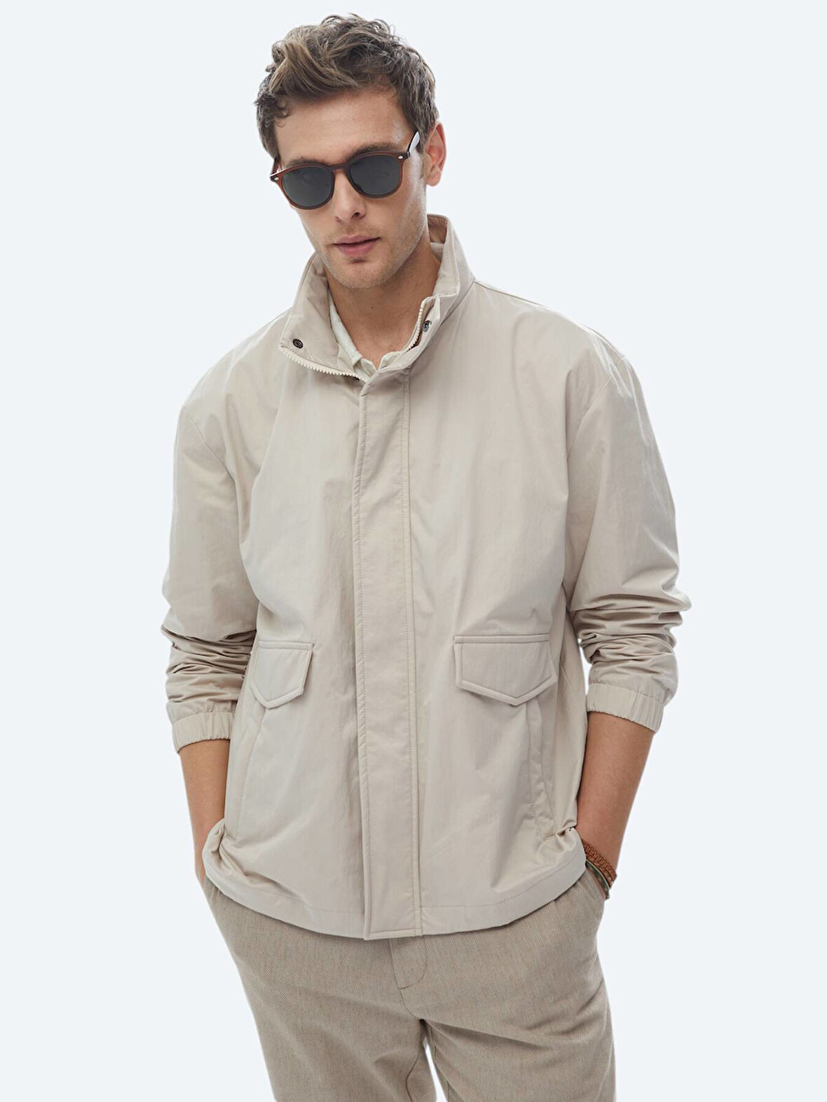 Bej Oversize Fit Dik Yaka Casual Dokuma Mont