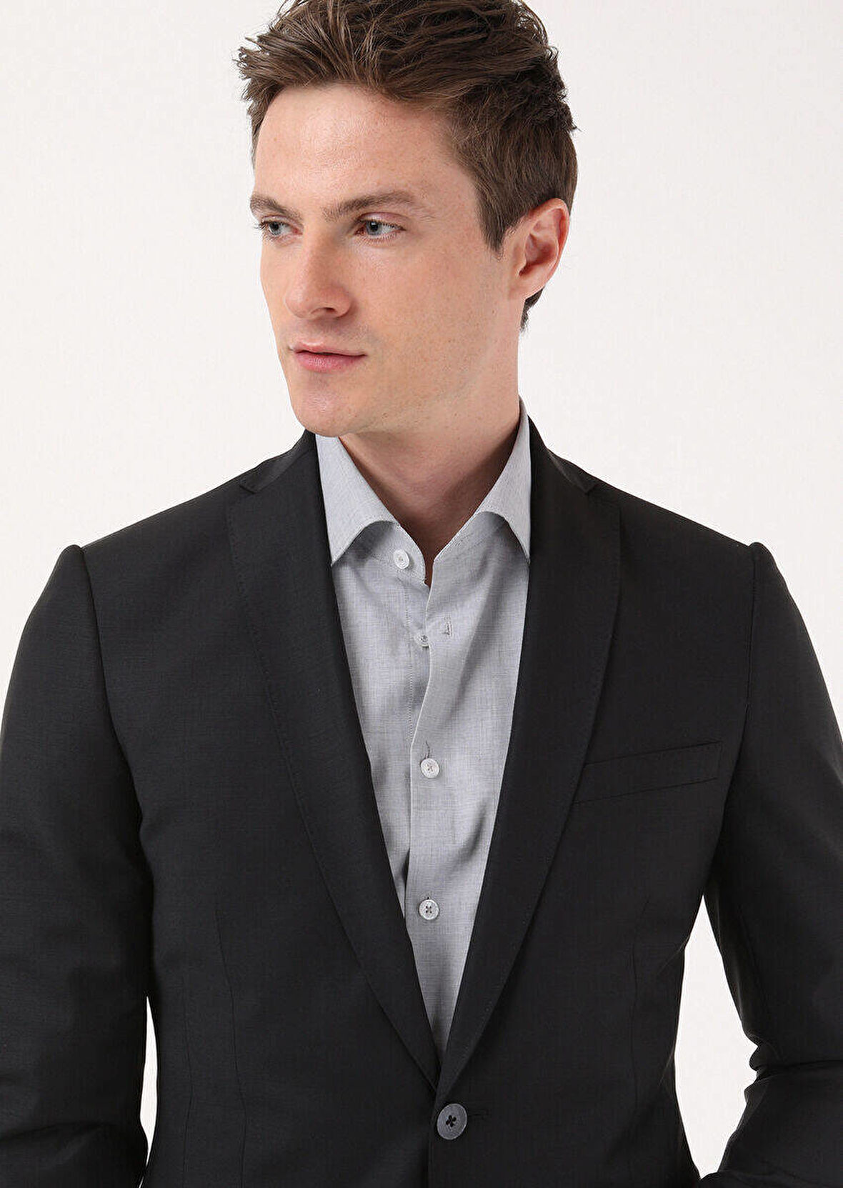 Siyah Düz Fashion Slim Fit Yün Karışımlı Takım Elbise