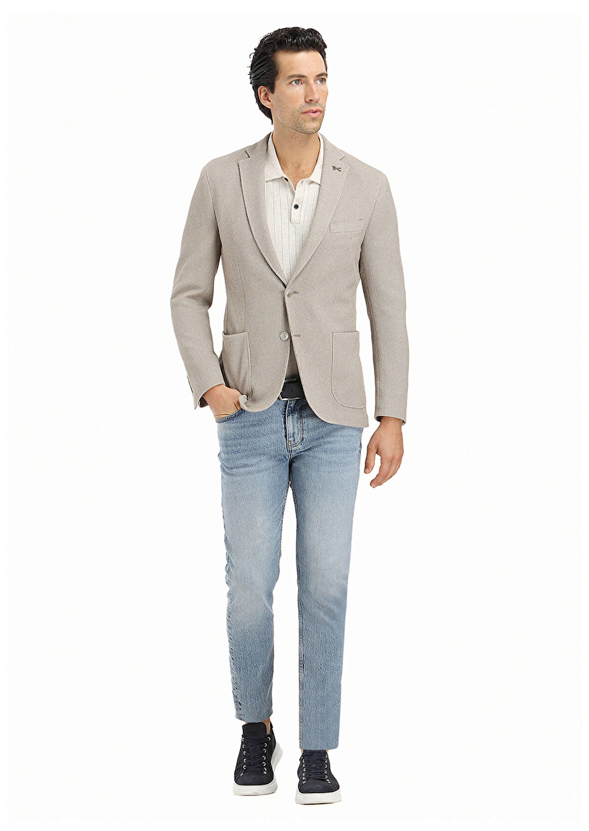 Bej Desenli Shirt Shoulder Slim Fit Pamuk Karışımlı Örme Ceket