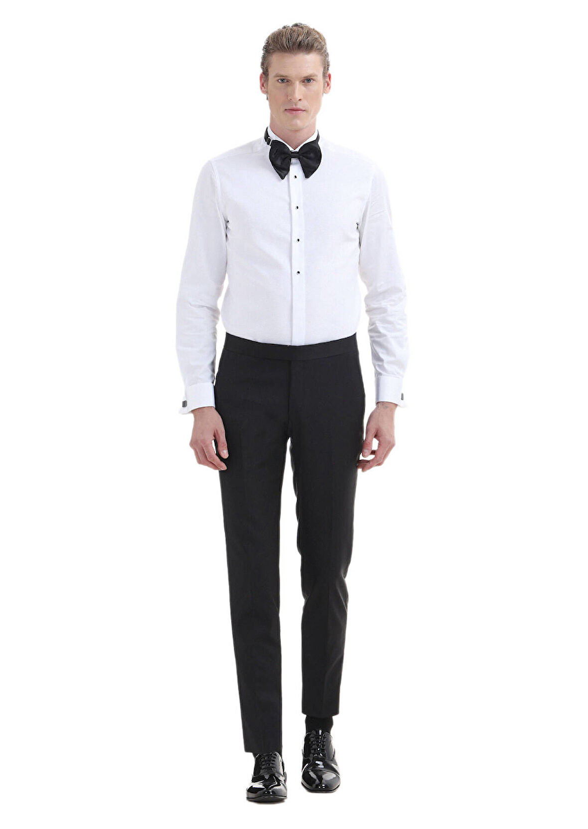 Beyaz Düz Slim Fit Duble Manşet Ata Yaka Smokin Gömlek