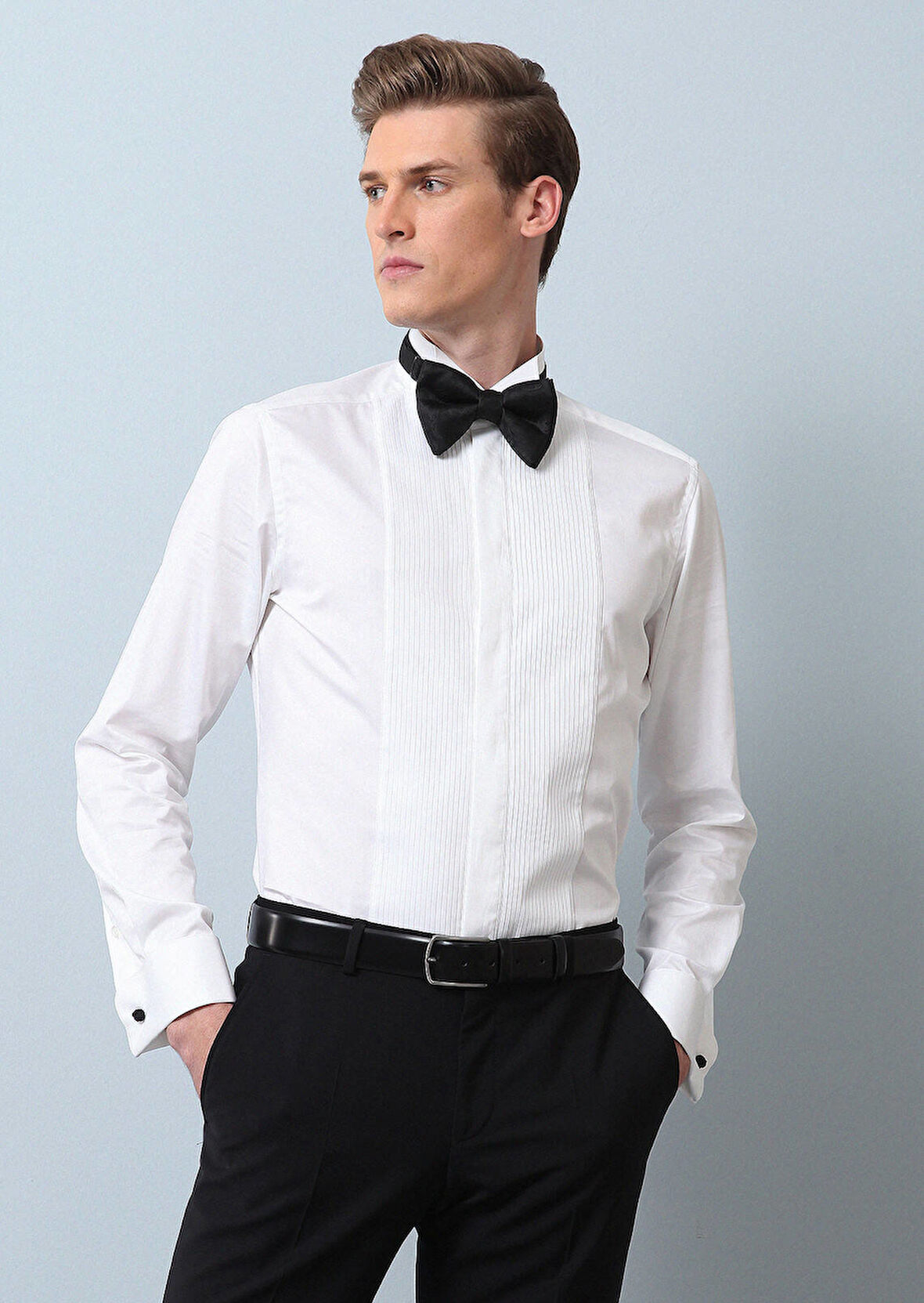 Beyaz Düz Slim Fit Duble Manşet Ata Yaka Smokin Gömlek
