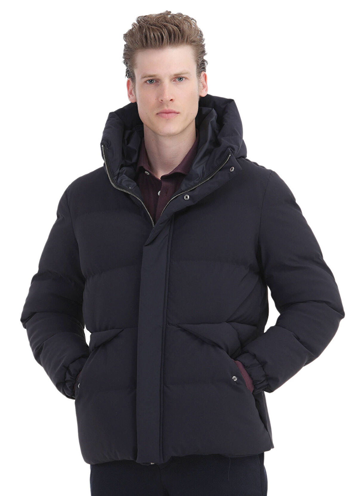 Lacivert Regular Fit Kapüşonlu Casual Dokuma Mont