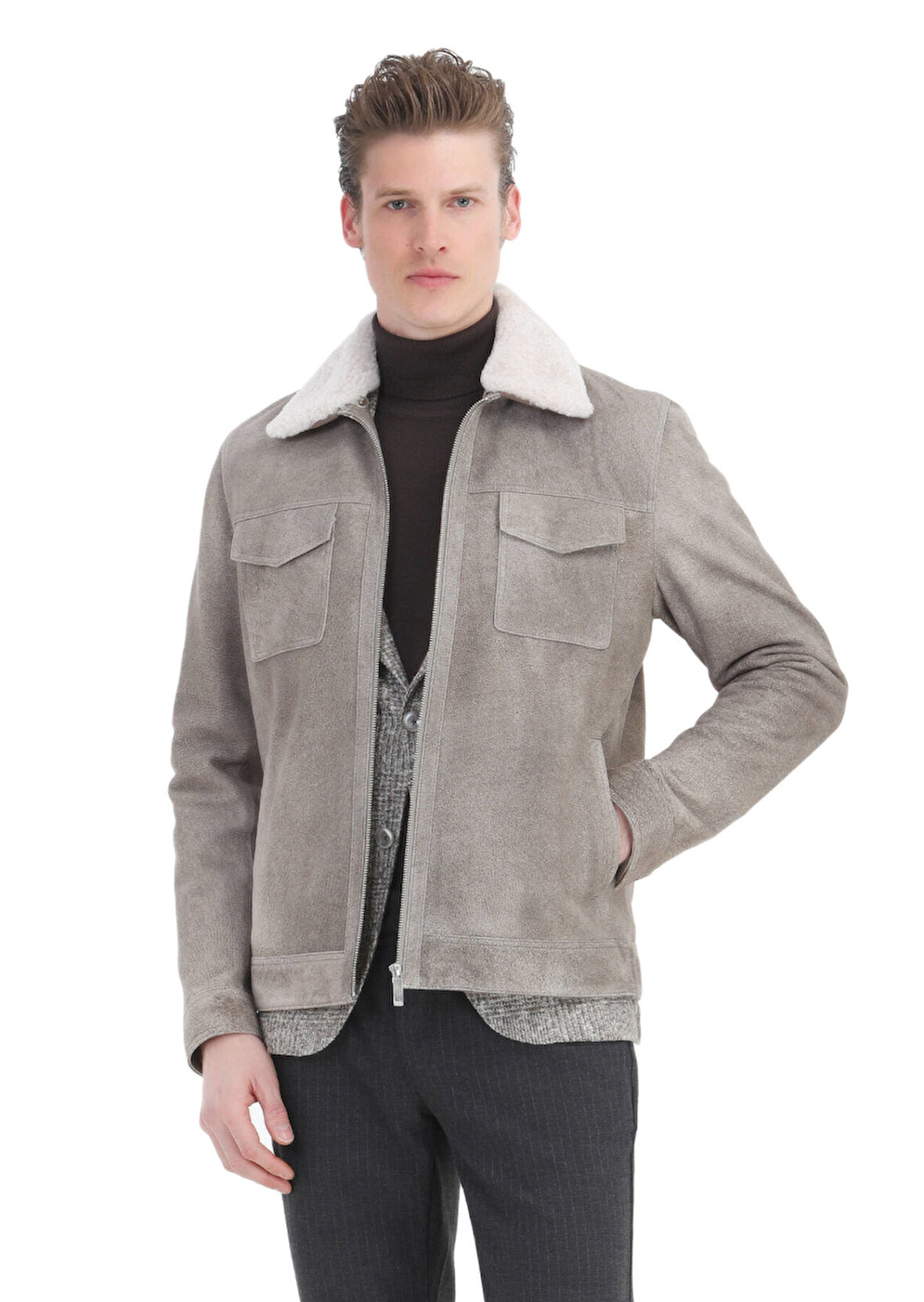 Vizon Regular Fit Gömlek Yaka Casual Süet Deri Mont