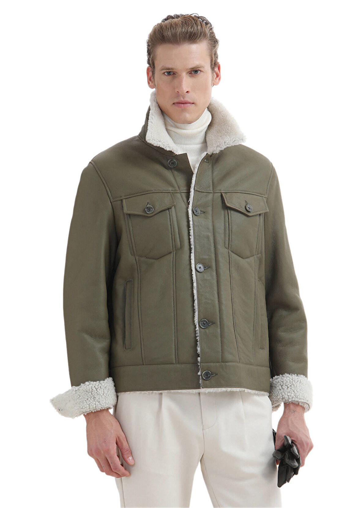Haki Regular Fit Gömlek Yaka Casual Kürk Deri Mont