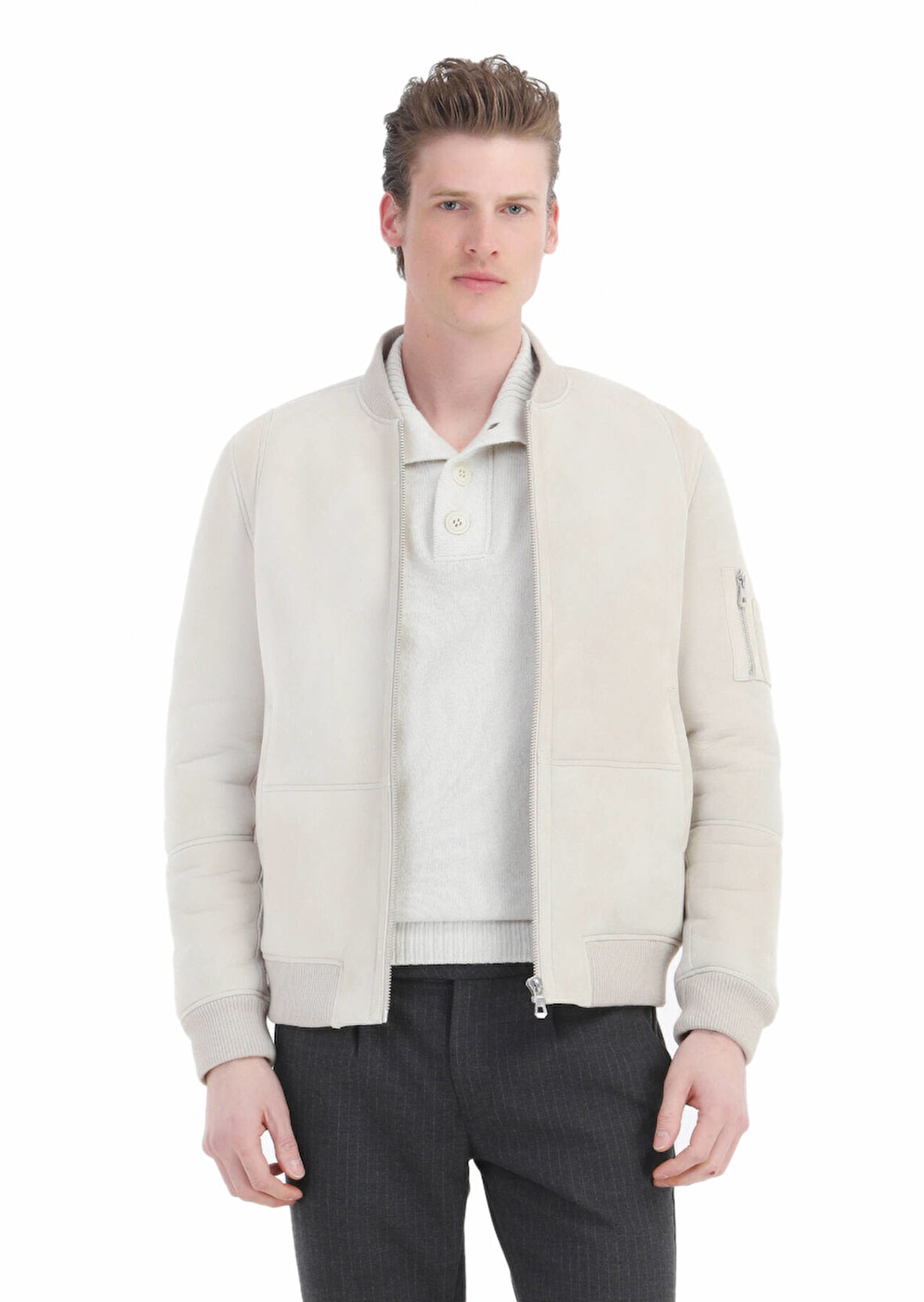 Bej Regular Fit Dik Yaka Casual Kürk Deri Mont